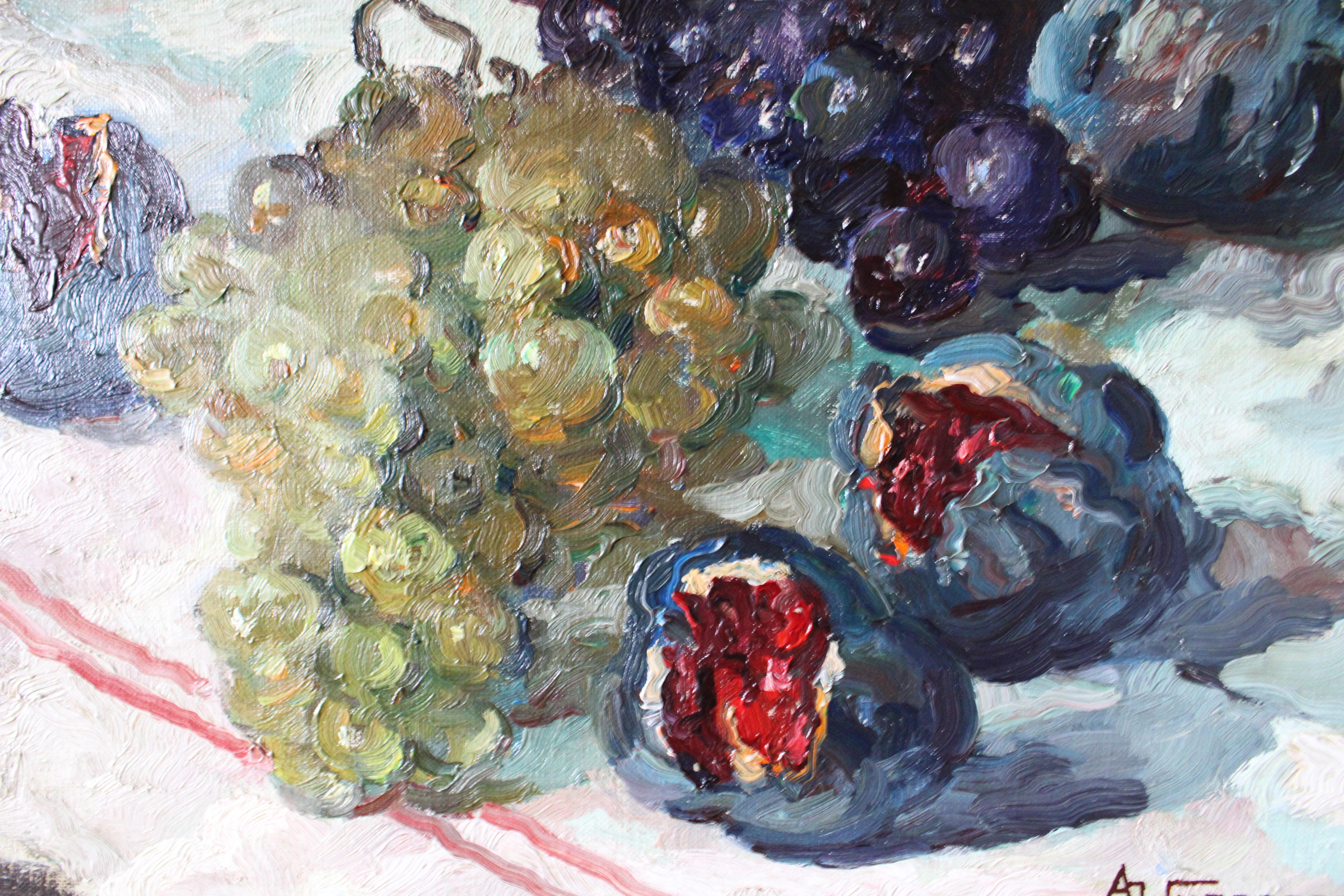 Vintage Impressionist Stillleben Ölgemälde auf Leinwand von Feigen und Trauben im Angebot 2