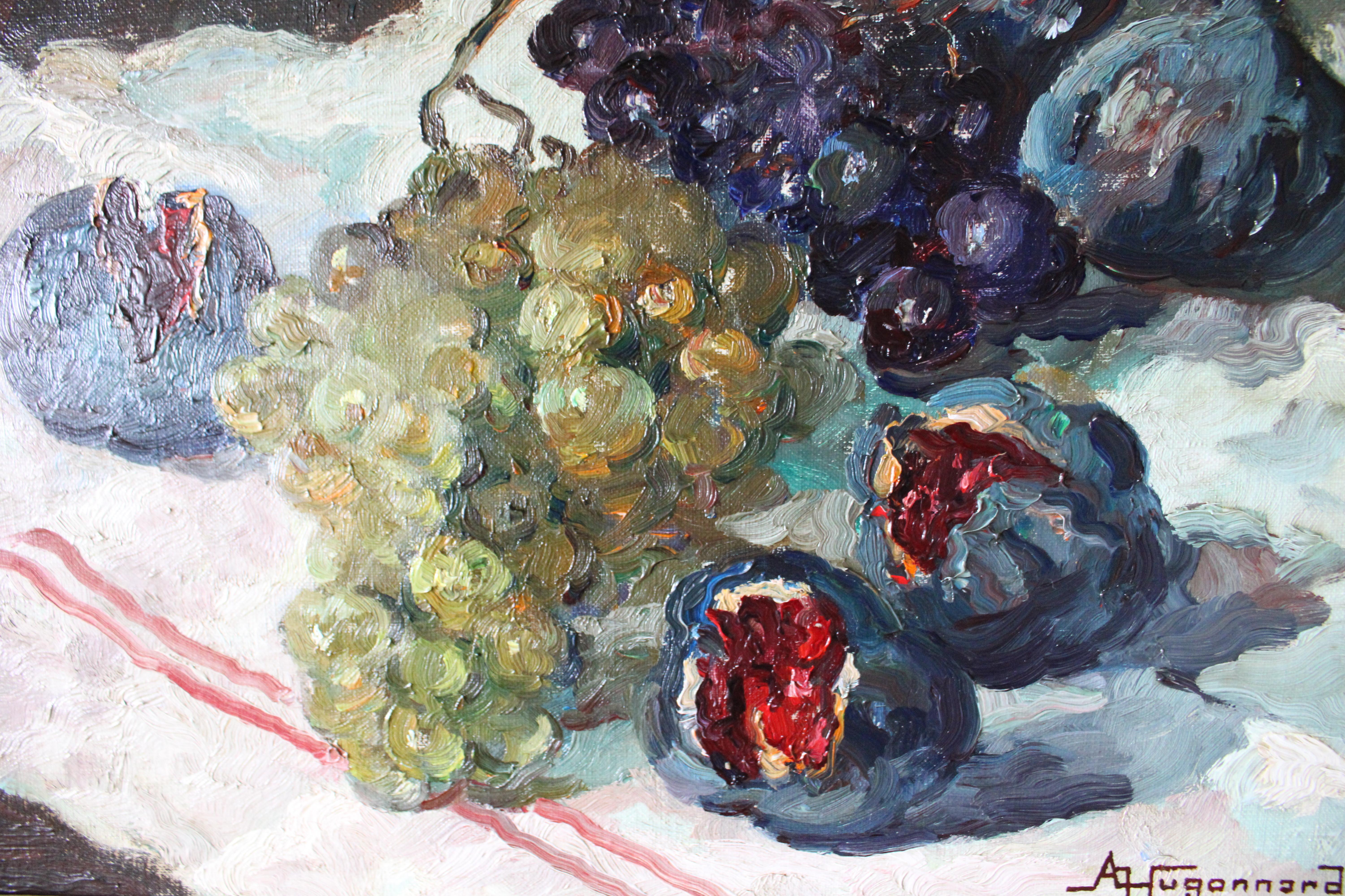 Vintage Impressionist Stillleben Ölgemälde auf Leinwand von Feigen und Trauben im Angebot 3