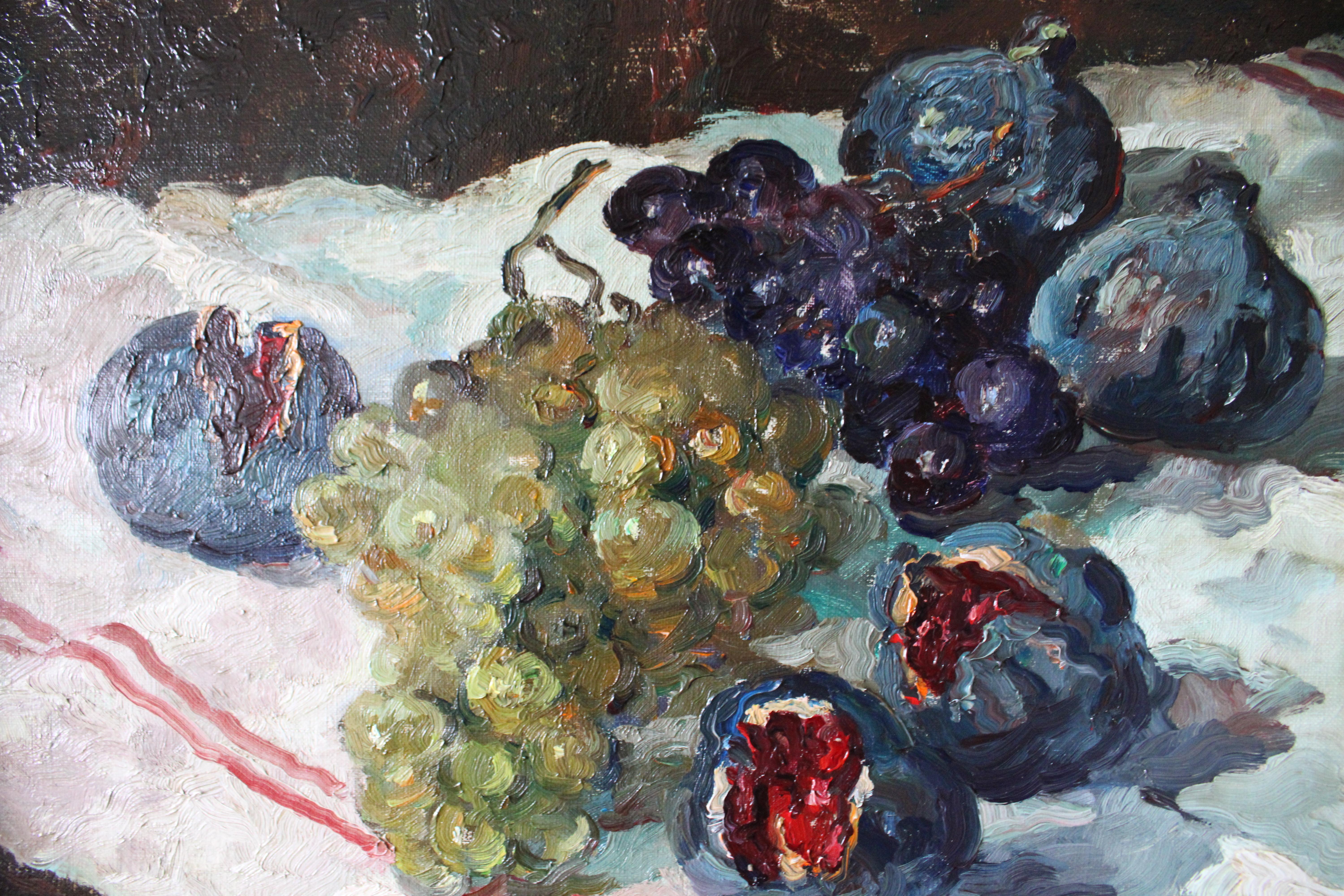 Vintage Impressionist Stillleben Ölgemälde auf Leinwand von Feigen und Trauben im Angebot 4