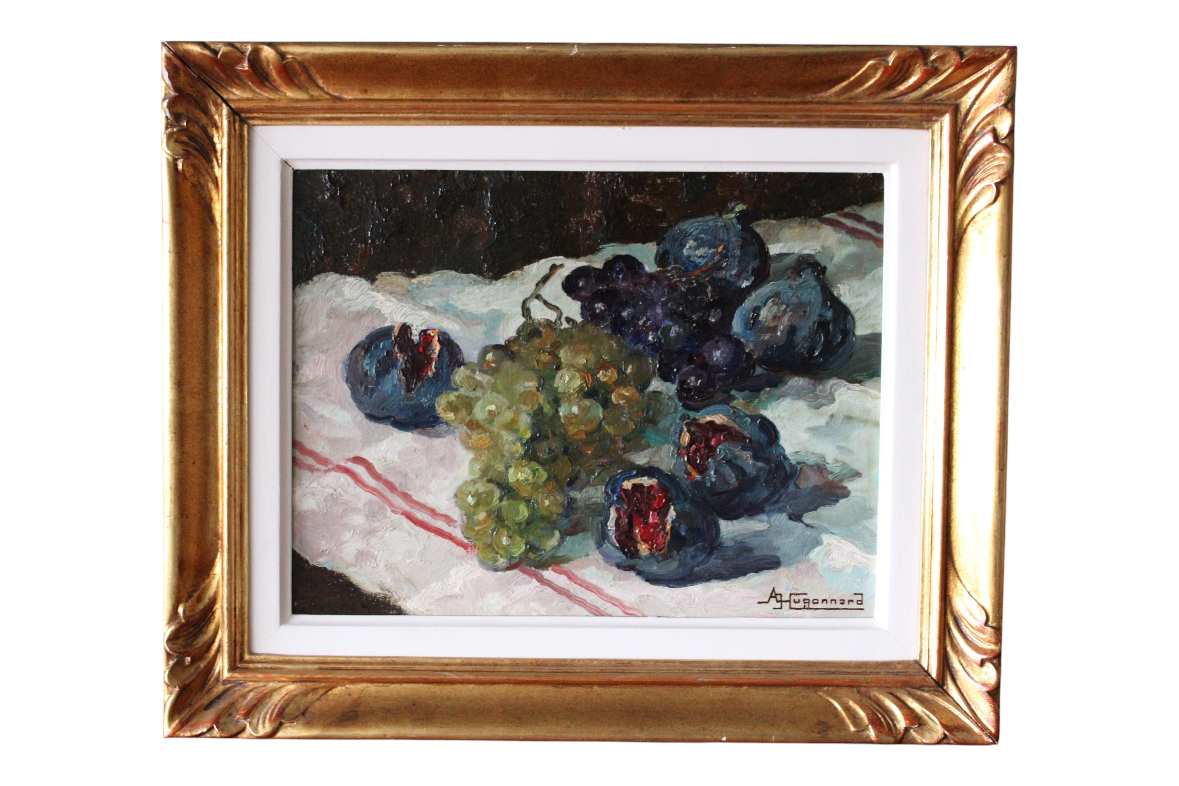 Adeline Hugonnard Still-Life Painting – Vintage Impressionist Stillleben Ölgemälde auf Leinwand von Feigen und Trauben