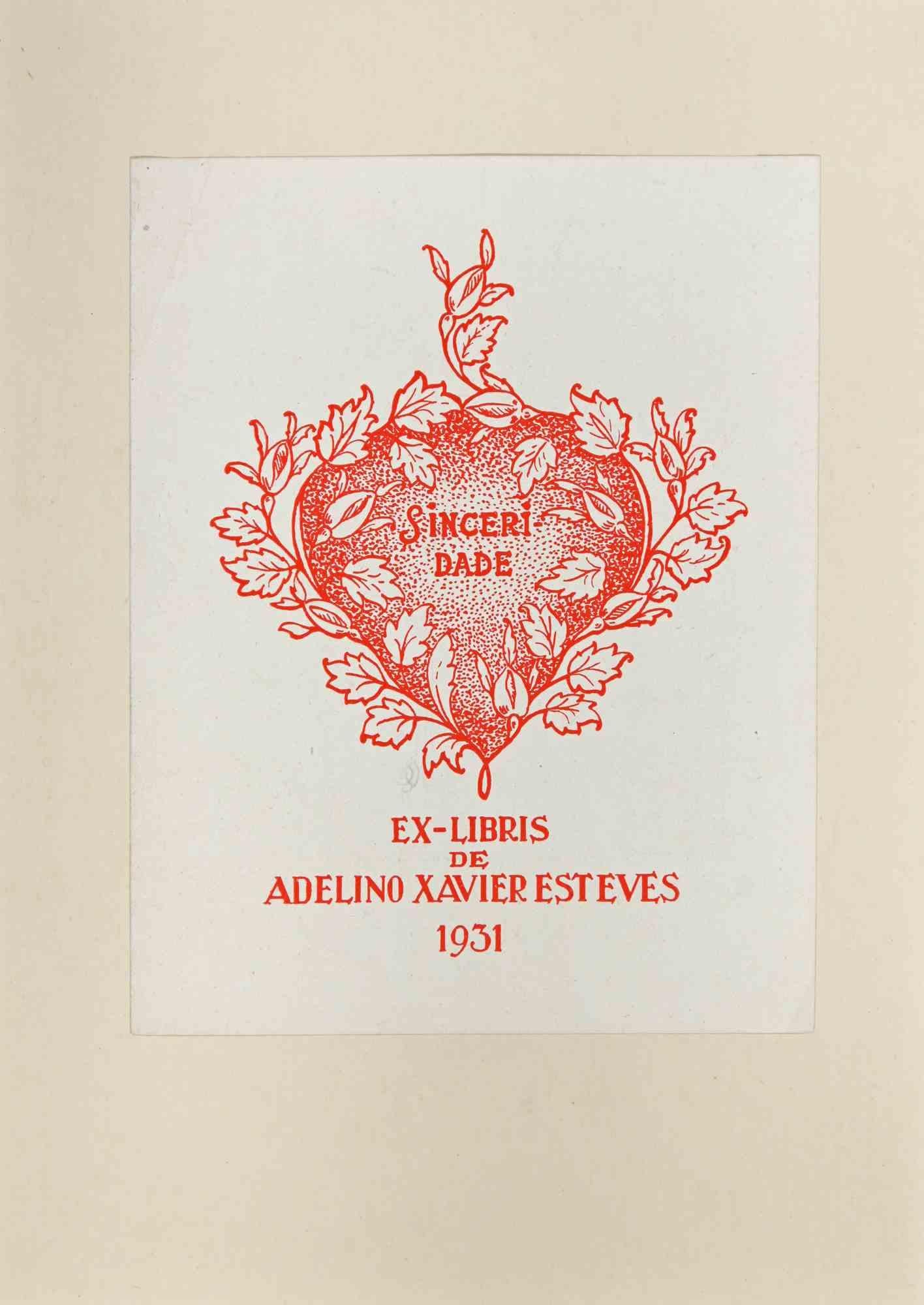 Ex-Libris de Adelino Xavier Esteves is an Artwork realized in 1931, by Adelino Xavier Esteves

Woodcut print on paper. The work is glued on  ivory cardboard. 

Total dimensions: 21 x 15 cm.

Good conditions.

The artwork represents a minimalistic,