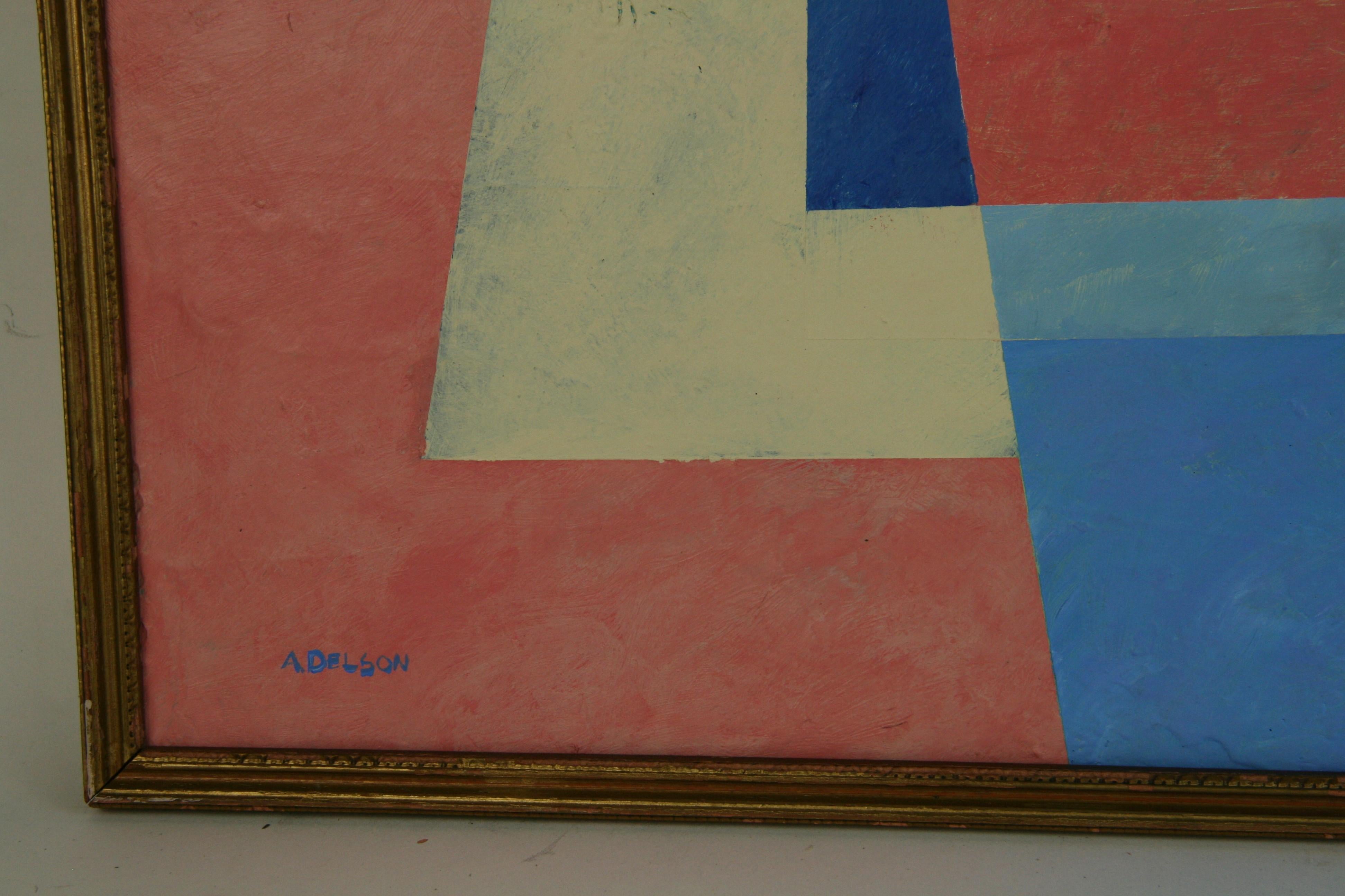 Blue and White Cubic Abstract - Gray Abstract Painting by A.Delson