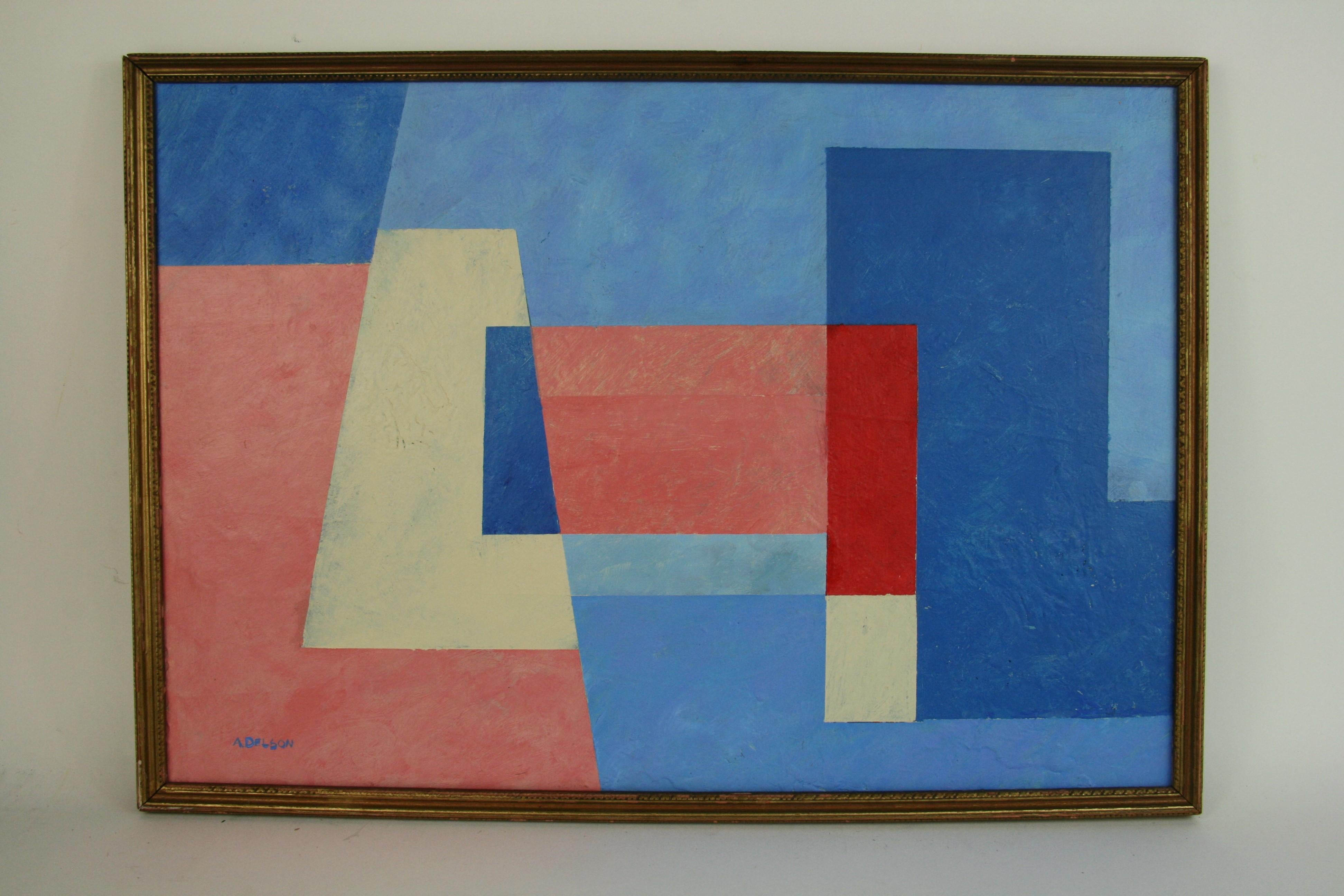 A.Delson Abstract Painting – Blaues und weißes abstraktes kubisches