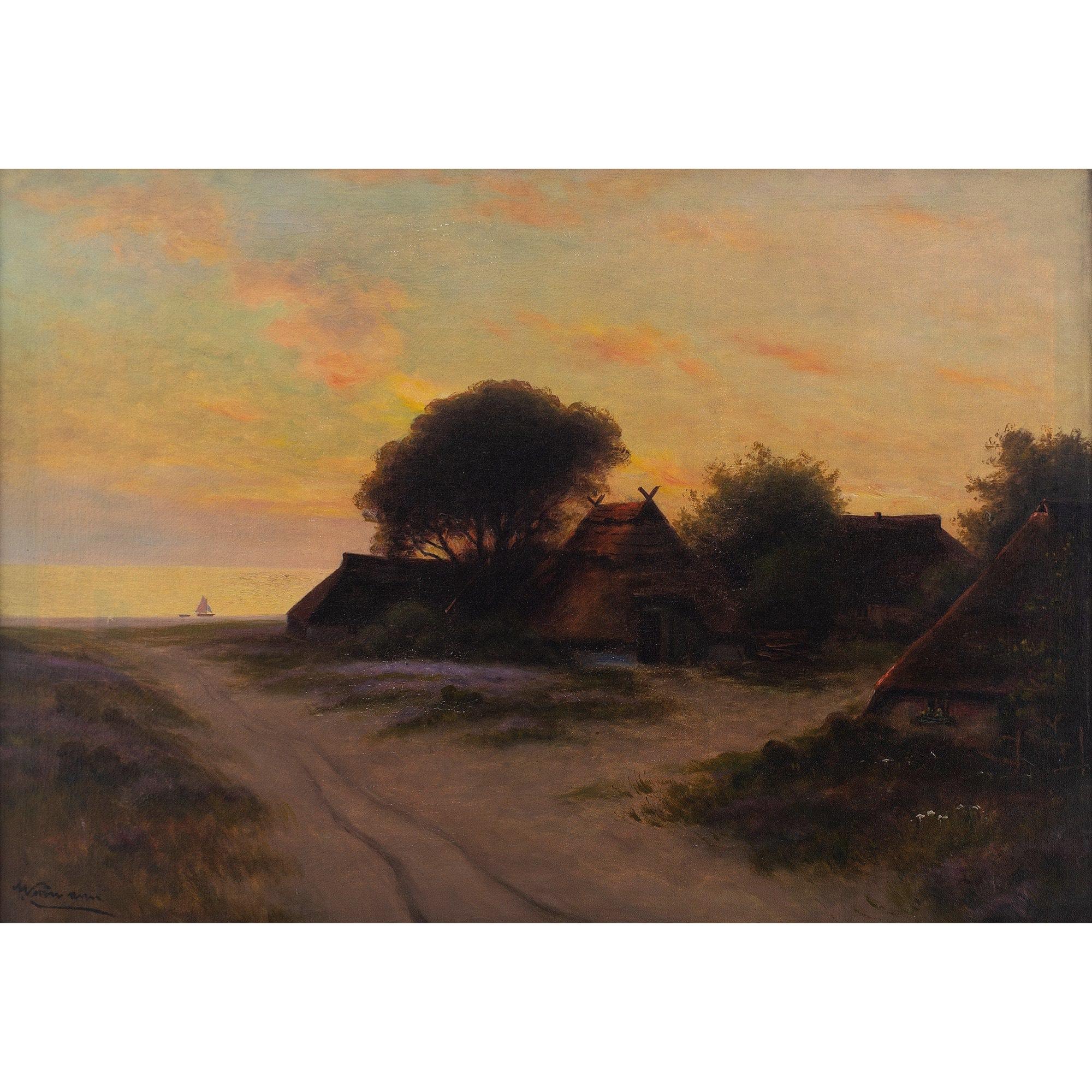 An atmospheric early 20th-century landscape painting depicting a beautiful sunset over a peaceful beach. Small dwellings are silhouetted against the warm hues of the evening sky.

The painting is signed ‘A Normann’ in homage to the great Norwegian