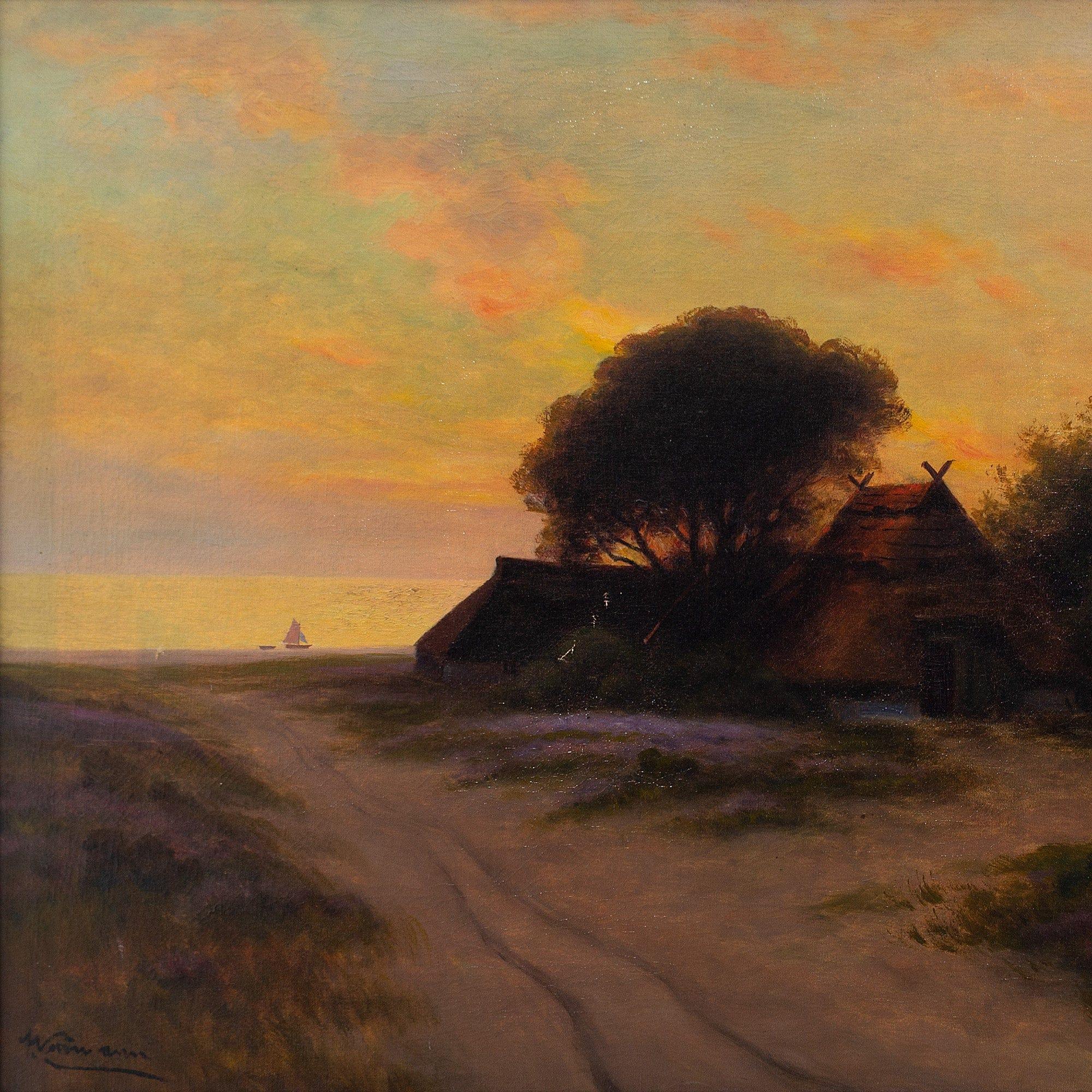 Early 20th-Century Coastal Landscape With Beach & Sunset, Oil Painting For Sale 1