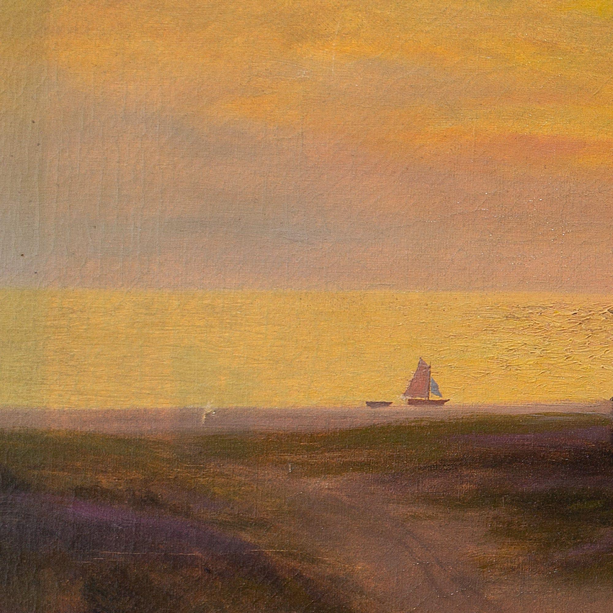 Early 20th-Century Coastal Landscape With Beach & Sunset, Oil Painting For Sale 4