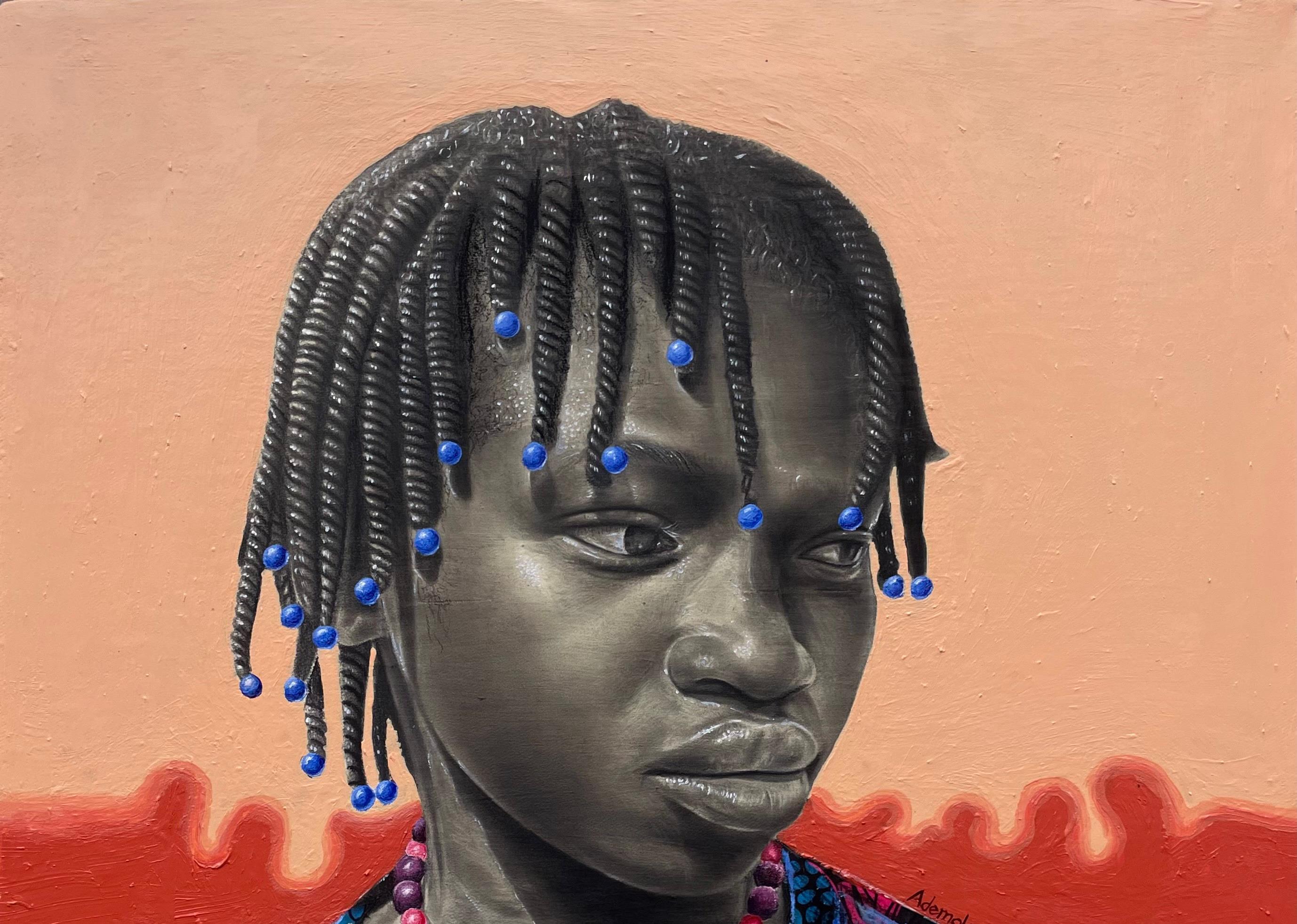 Karma - II secolo, Contemporaneo, Ritratto figurativo, Abito africano, Capelli di donna - Painting di Ademola Clement Ajayi