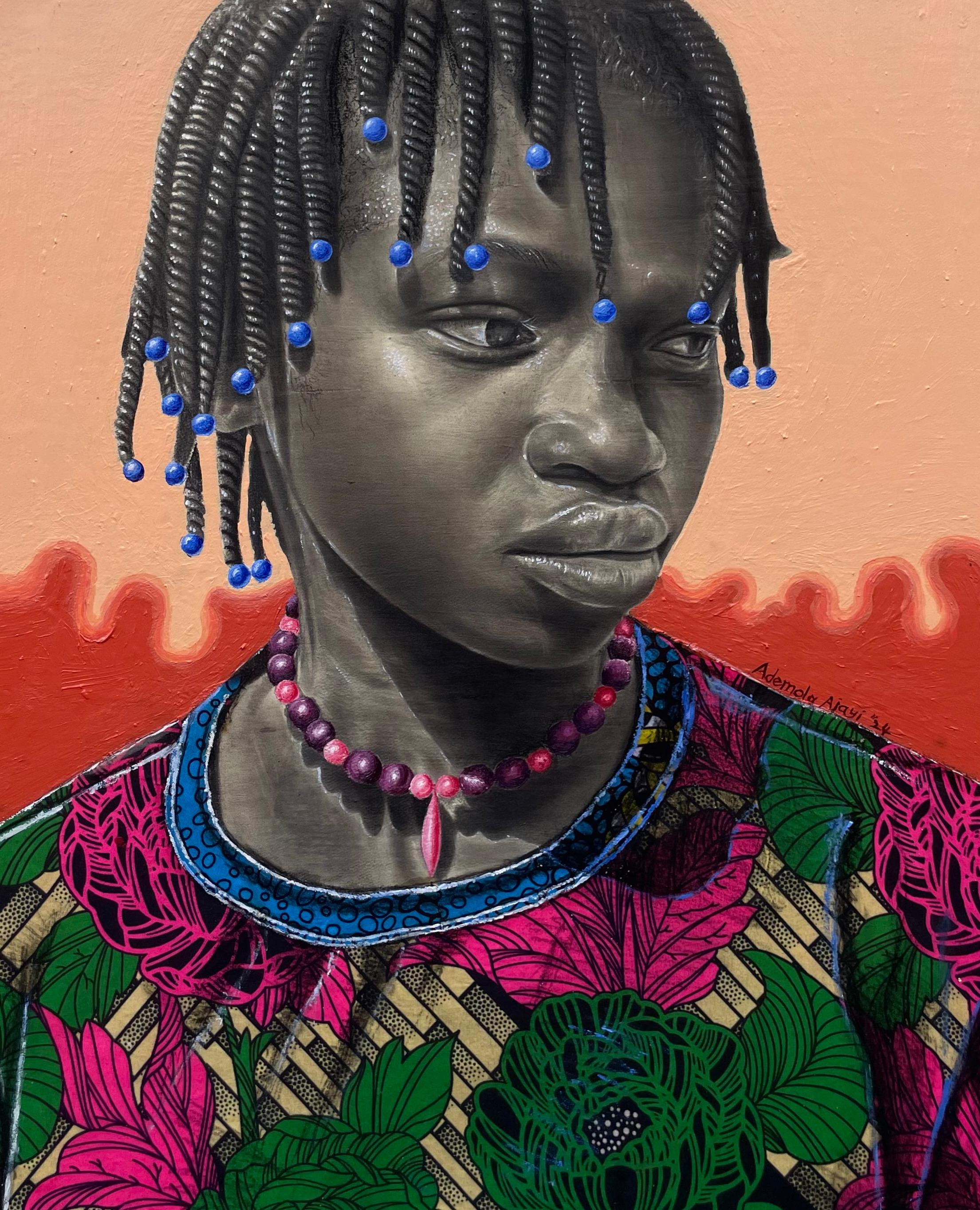 Karma - II secolo, Contemporaneo, Ritratto figurativo, Abito africano, Capelli di donna - Figurative Painting Nero di Ademola Clement Ajayi