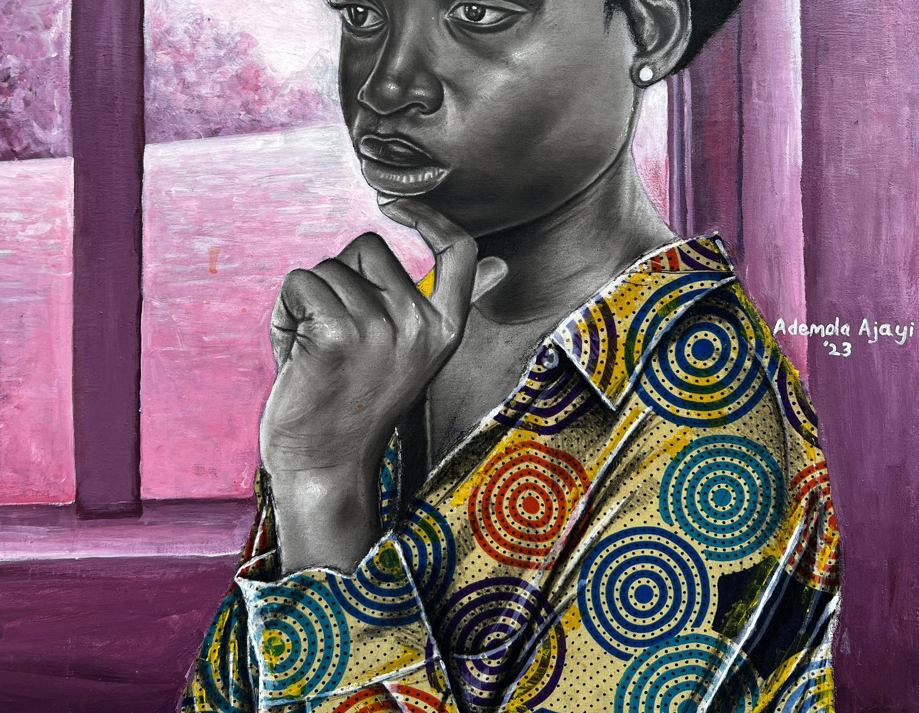 Méditation - 2st Century, Contemporary, Figurative Portrait, Africa Dress, Women - Moderne Painting par Ademola Clement Ajayi