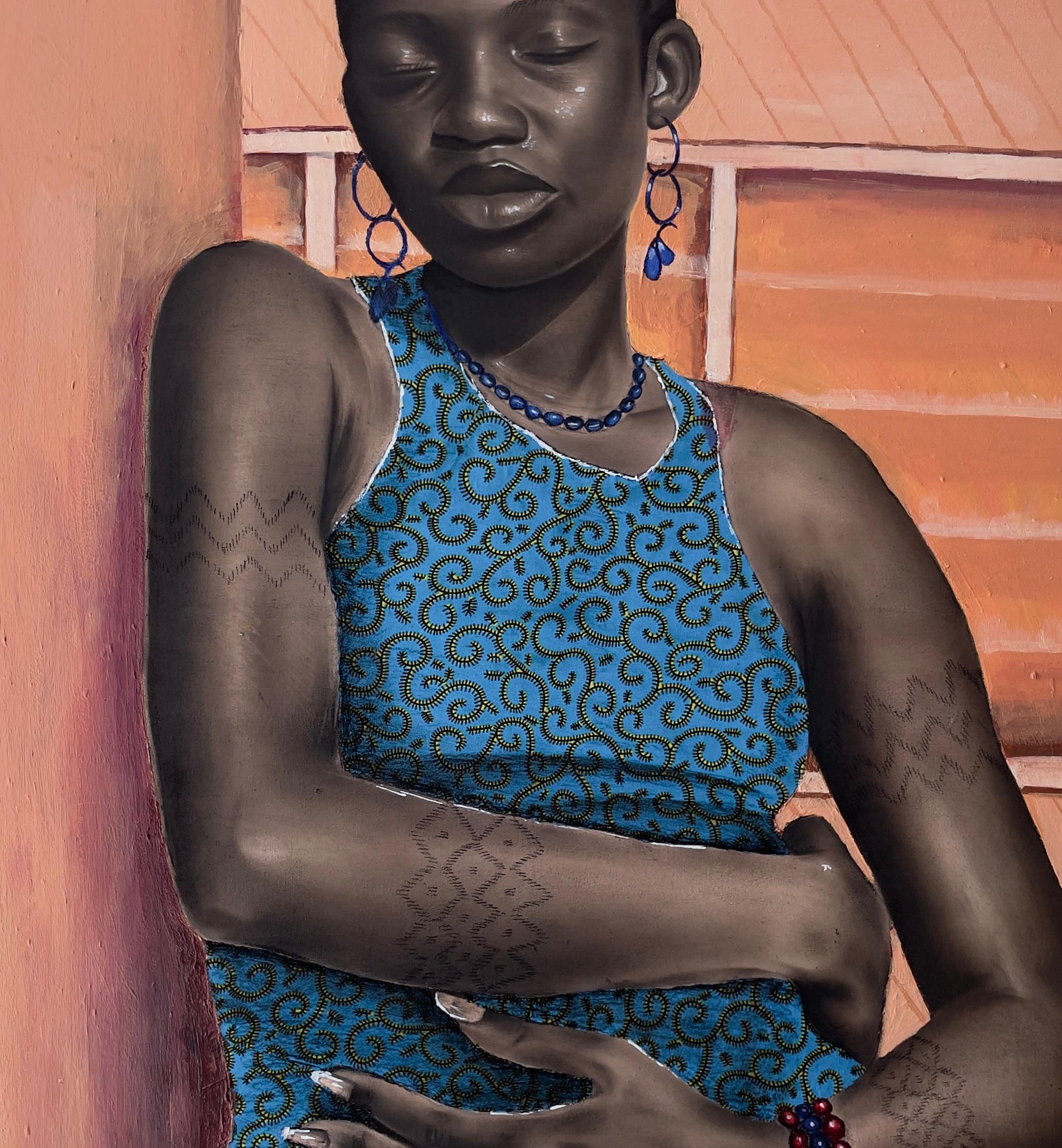 Peace Within - 21st Century, Contemporary, Figurative Portrait, Africa, Women - Black Portrait Painting by Ademola Clement Ajayi