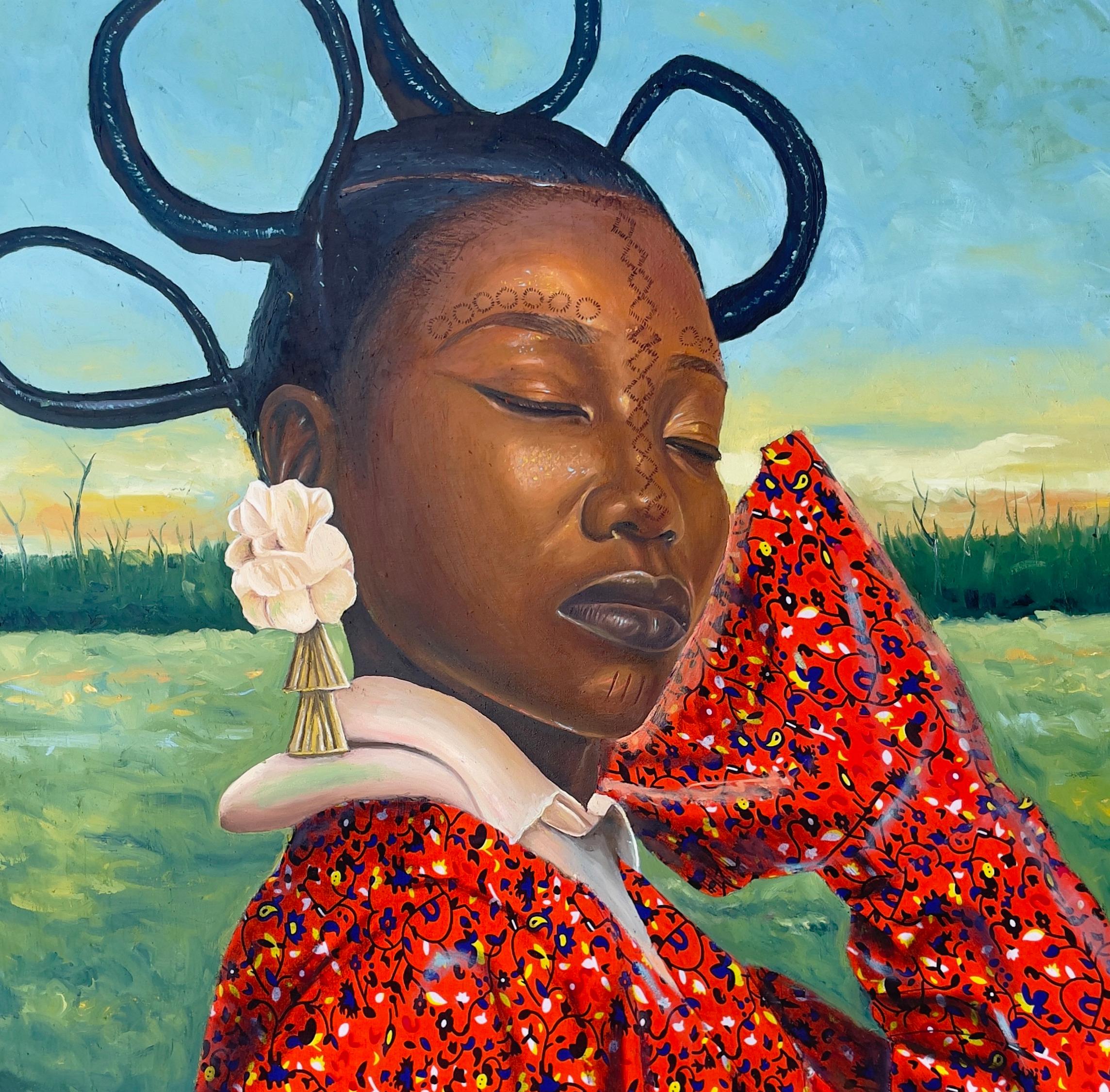 Solace of My Native Land - 21st Century, Contemporary, Figurative, Women, Africa - Gray Portrait Painting by Ademola Clement Ajayi