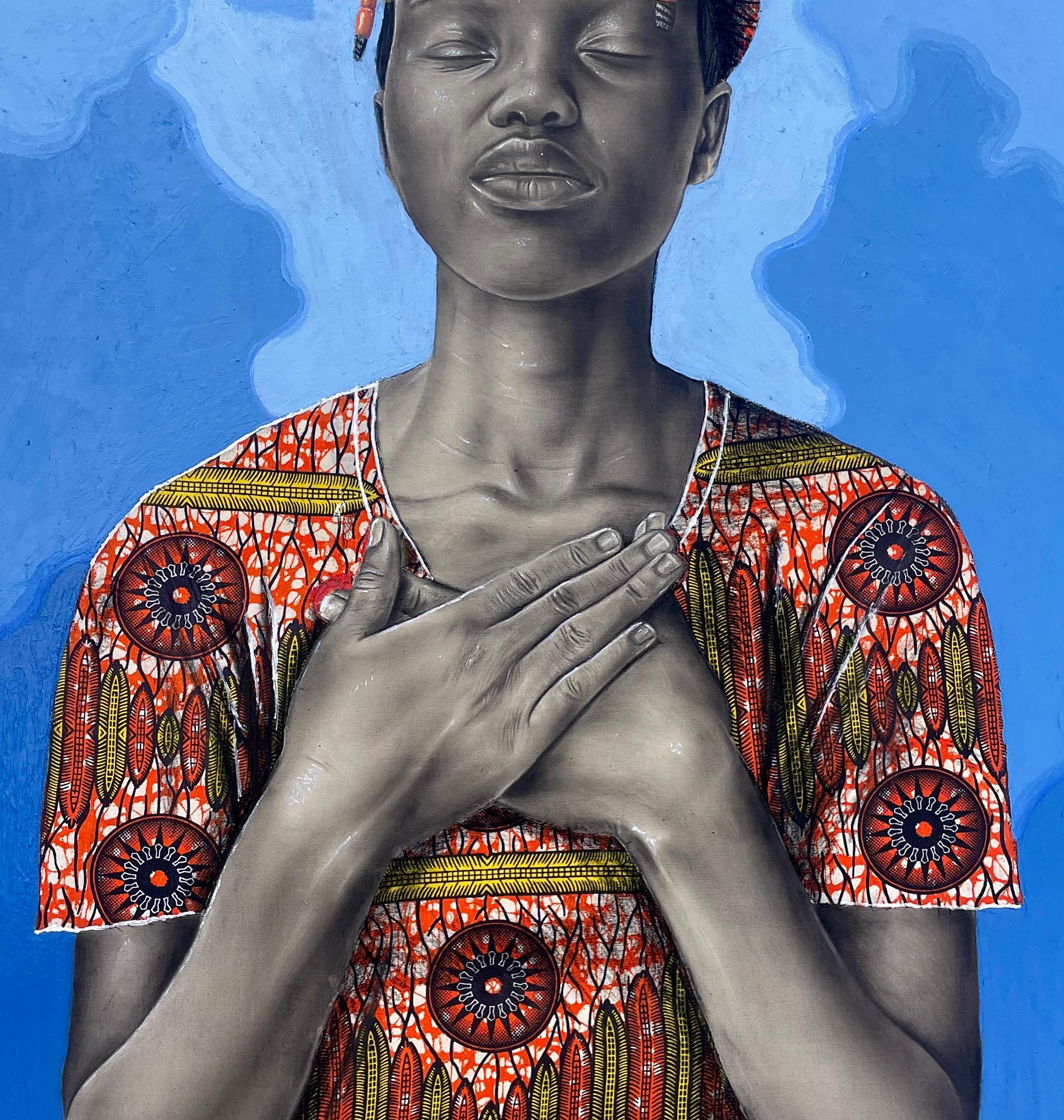 Tranquilidad -Siglo XXI, Contemporáneo, Retrato figurativo, África Vestido de mujer - Portrait Painting Azul de Ademola Clement Ajayi