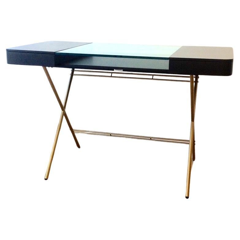 Adentro Cosimo Desk design Marco Zanuso jr  Black, glass & golden base.  For Sale
