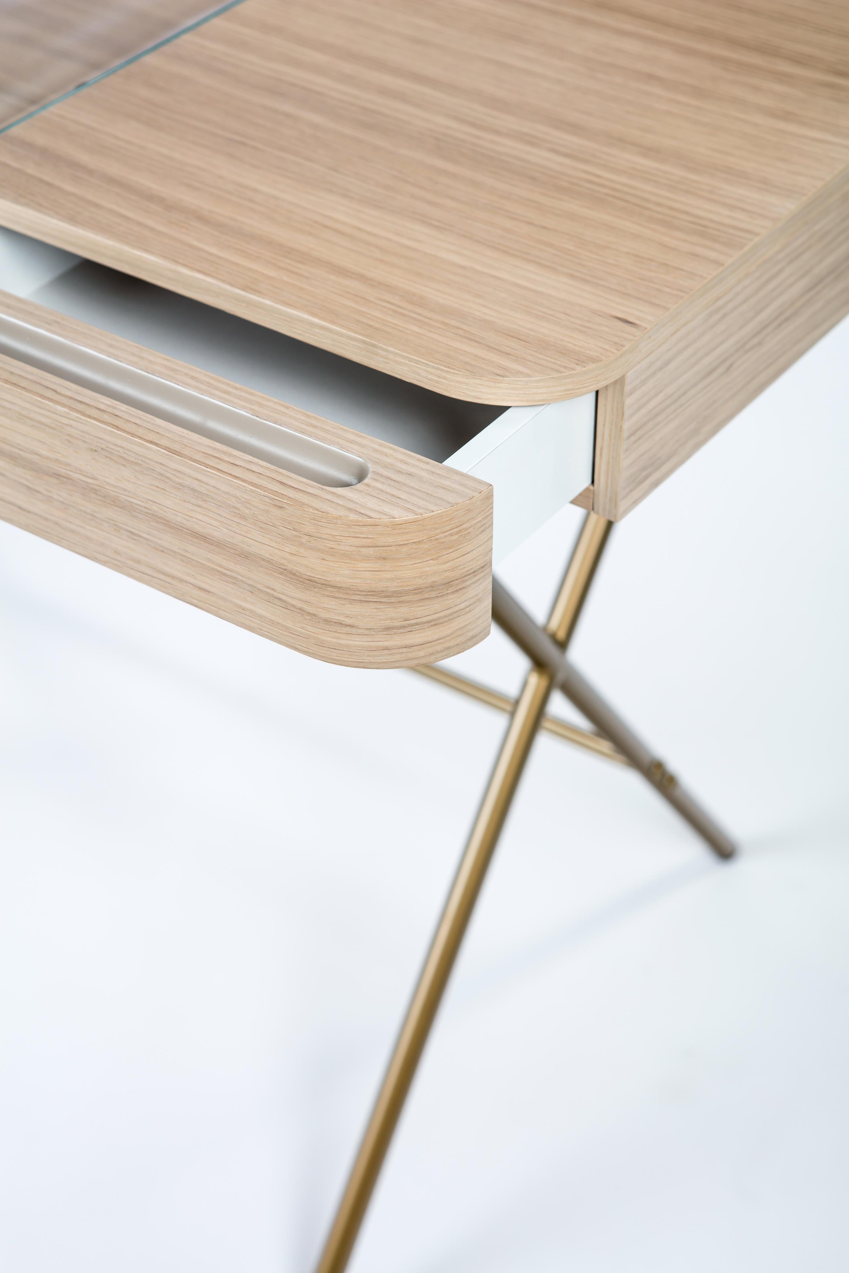 Contemporary Adentro Cosimo Desk design Marco Zanuso jr  Natural oak, glass & golden base.  For Sale