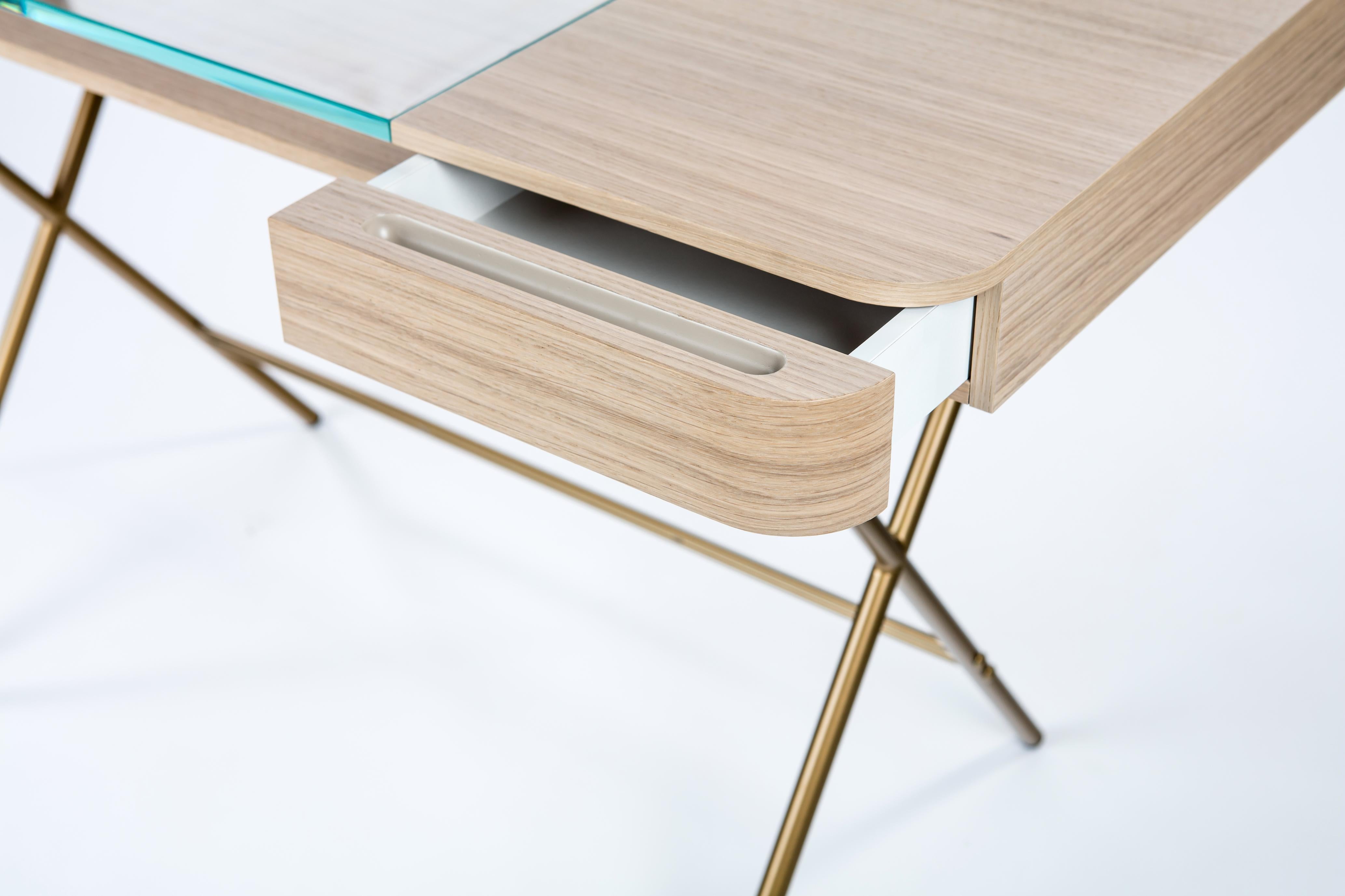 Contemporary Adentro Cosimo Desk design Marco Zanuso jr  Natural oak, glass & golden base.  For Sale