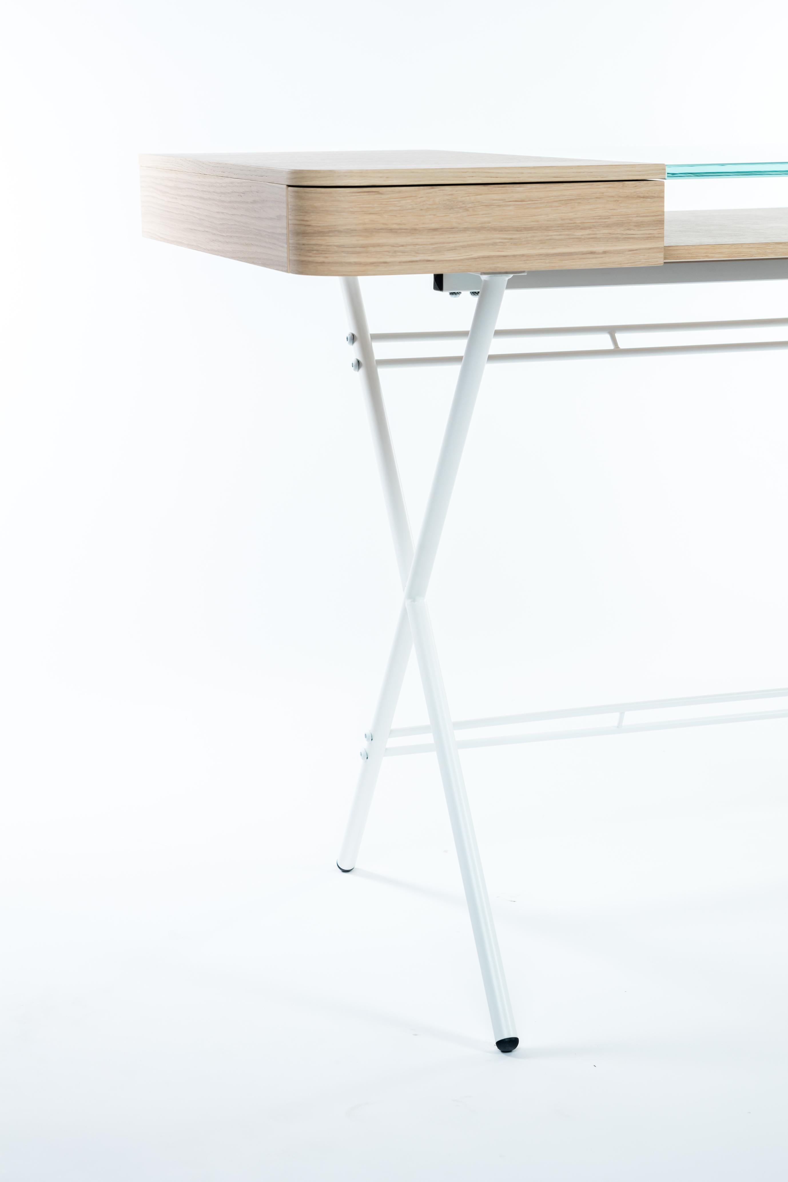 French Adentro Cosimo Desk design Marco Zanuso jr  Natural oak, glass & white base.  For Sale
