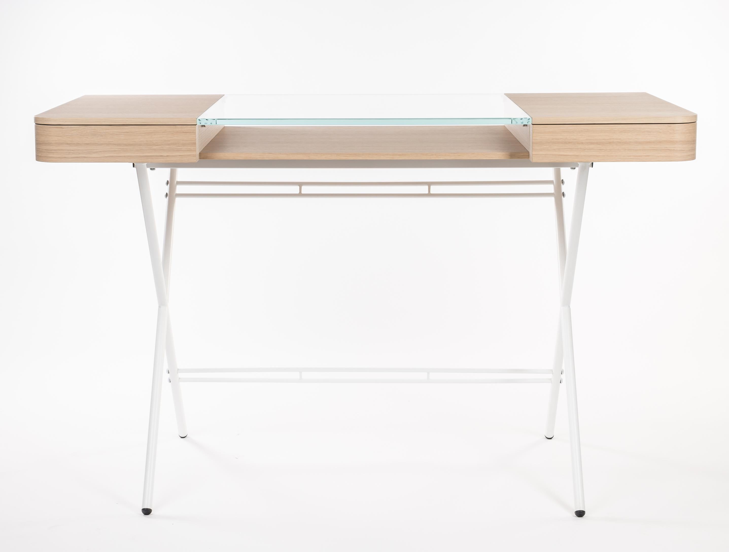 Metal Adentro Cosimo Desk design Marco Zanuso jr  Natural oak, glass & white base.  For Sale