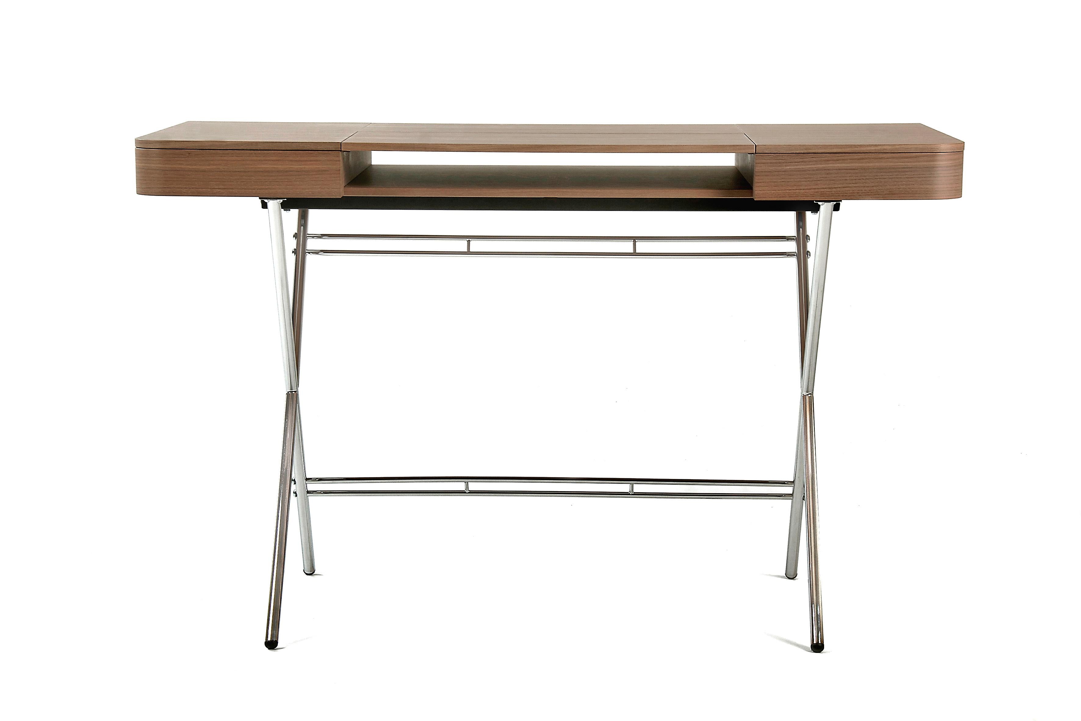 Modern Adentro Cosimo Desk design Marco Zanuso jr Walnut veneer & chrome base.  For Sale