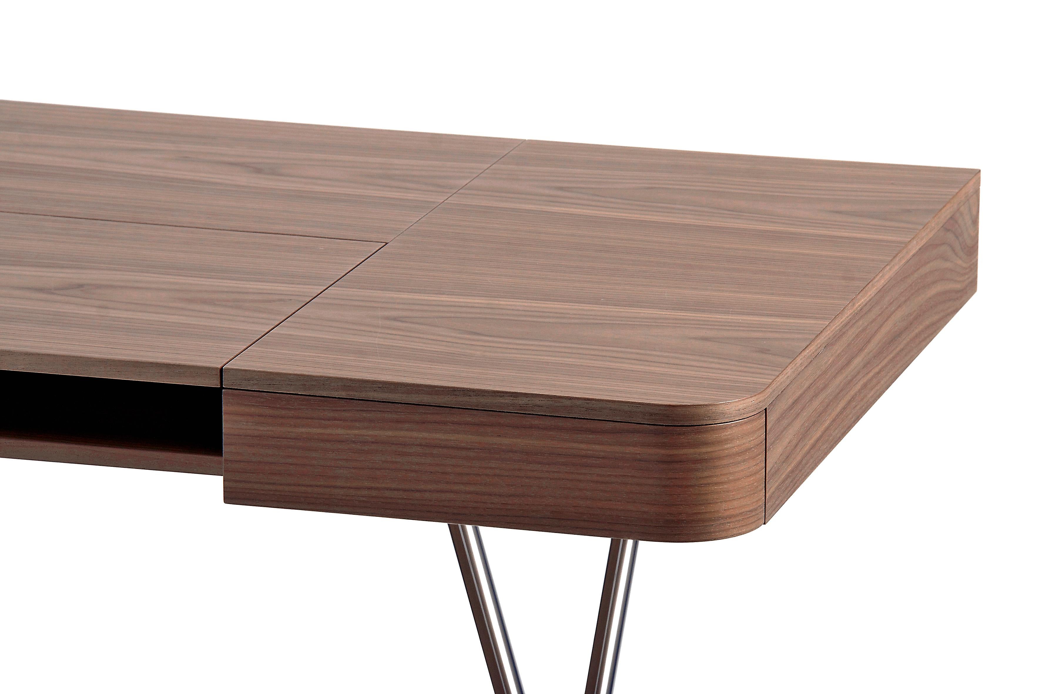 French Adentro Cosimo Desk design Marco Zanuso jr Walnut veneer & chrome base.  For Sale