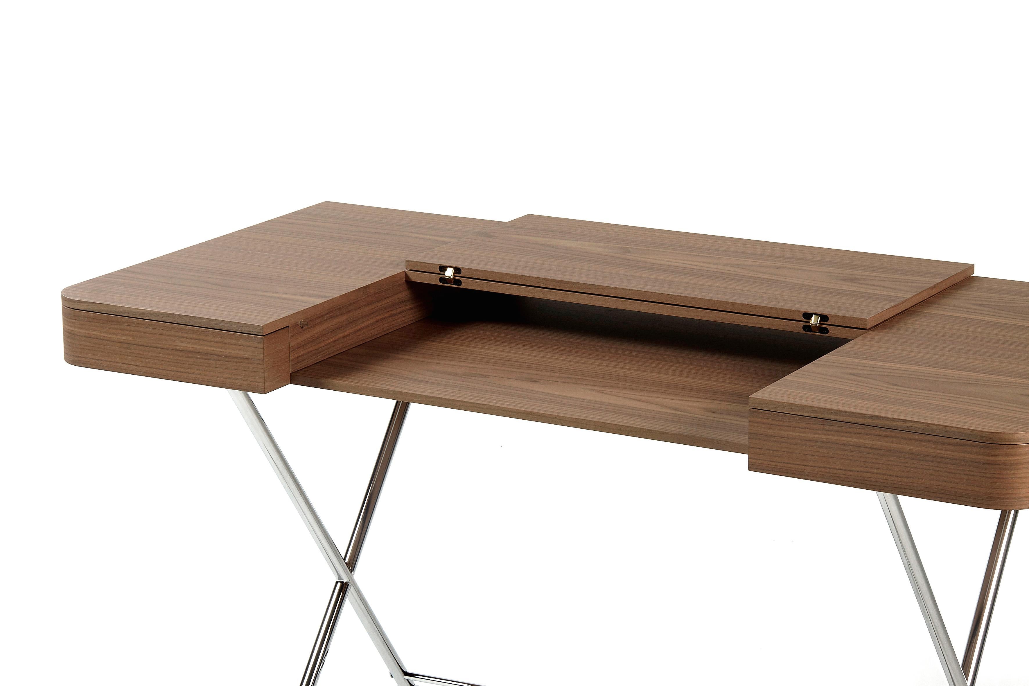 Metal Adentro Cosimo Desk design Marco Zanuso jr Walnut veneer & chrome base.  For Sale