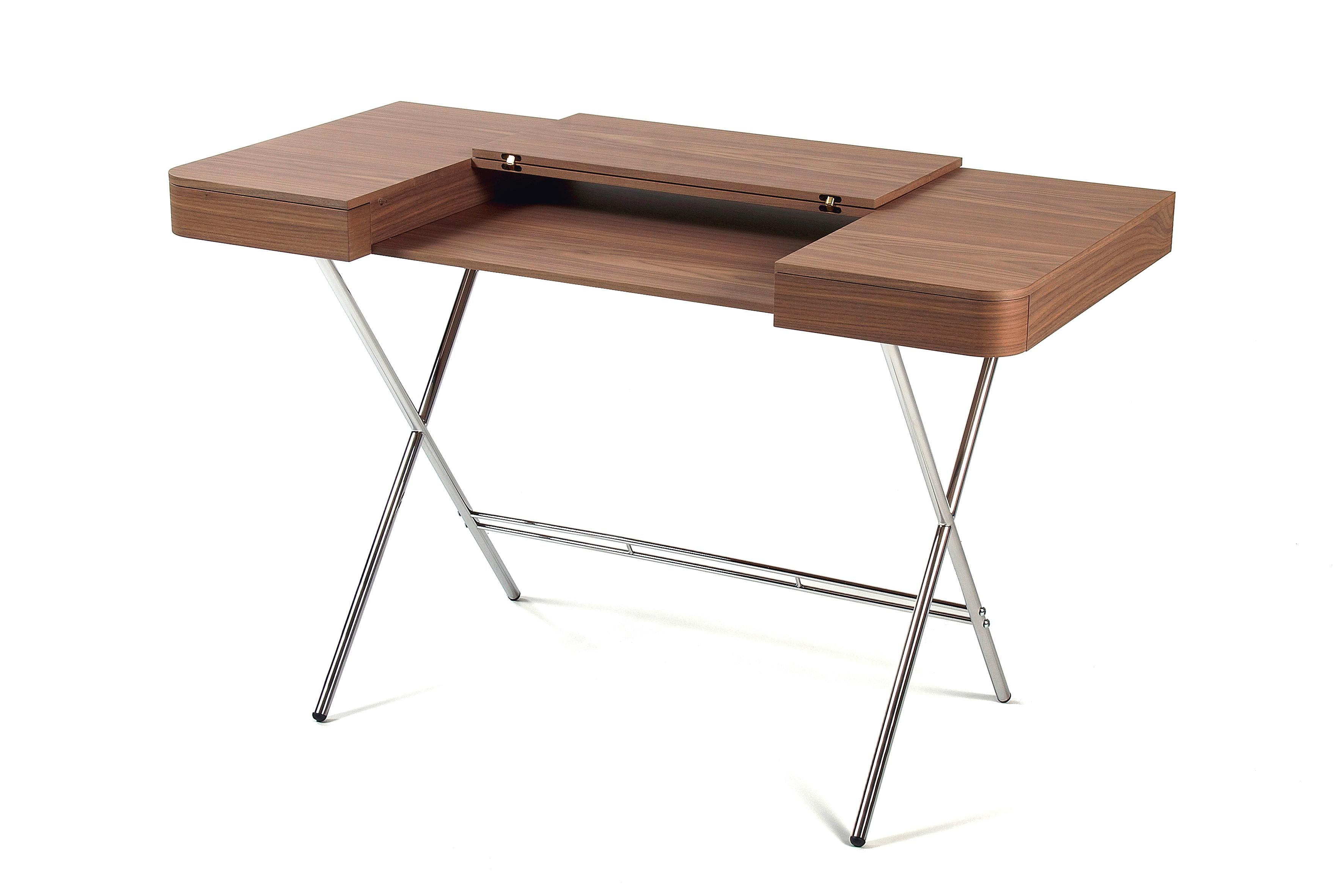 Adentro Cosimo Desk design Marco Zanuso jr Walnut veneer & chrome base.  For Sale 1