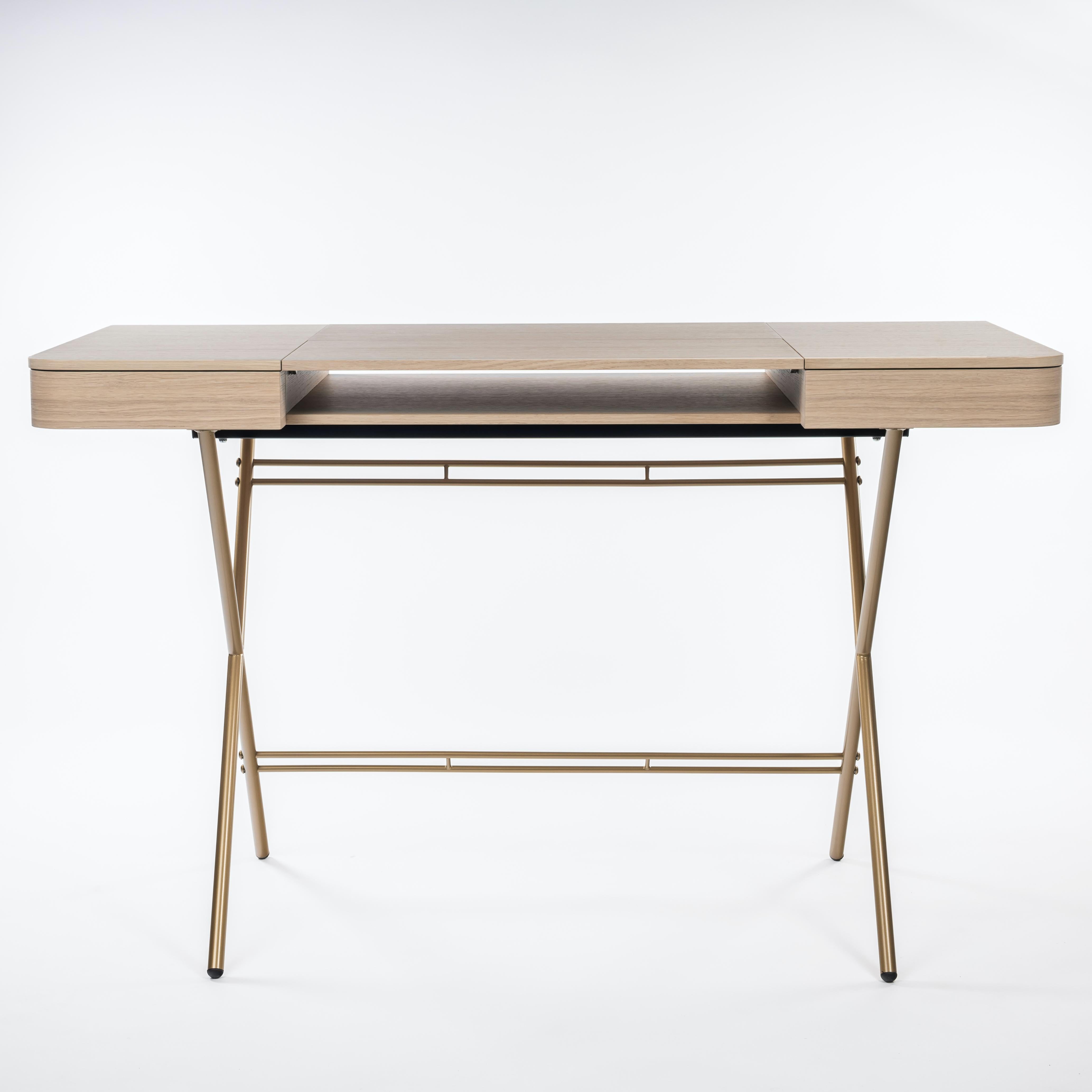 French Adentro Cosimo Desk design Marco Zanuso jr Natural oak veneer & golden base.  For Sale