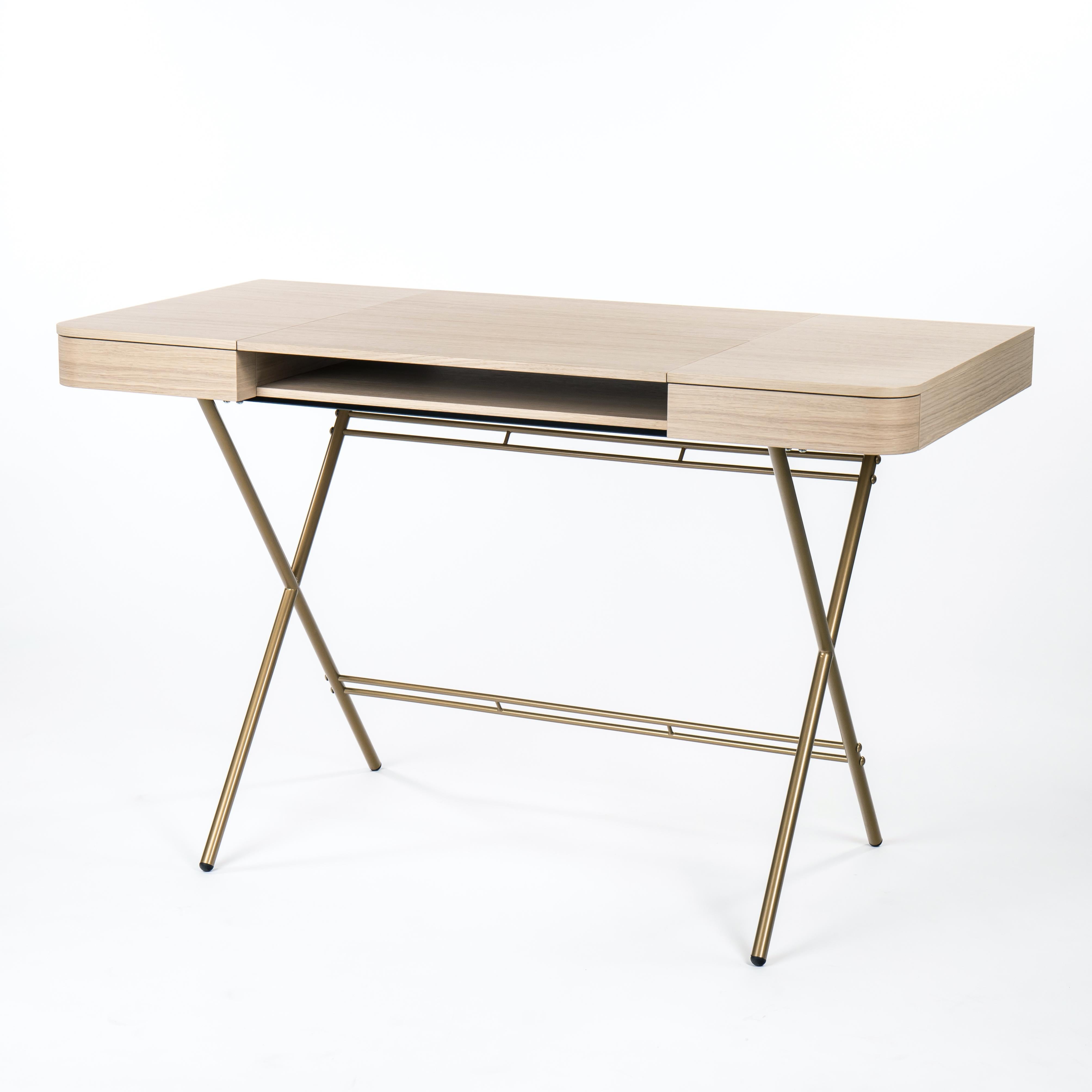 Adentro Cosimo Desk design Marco Zanuso jr Natural oak veneer & golden base.  For Sale 1