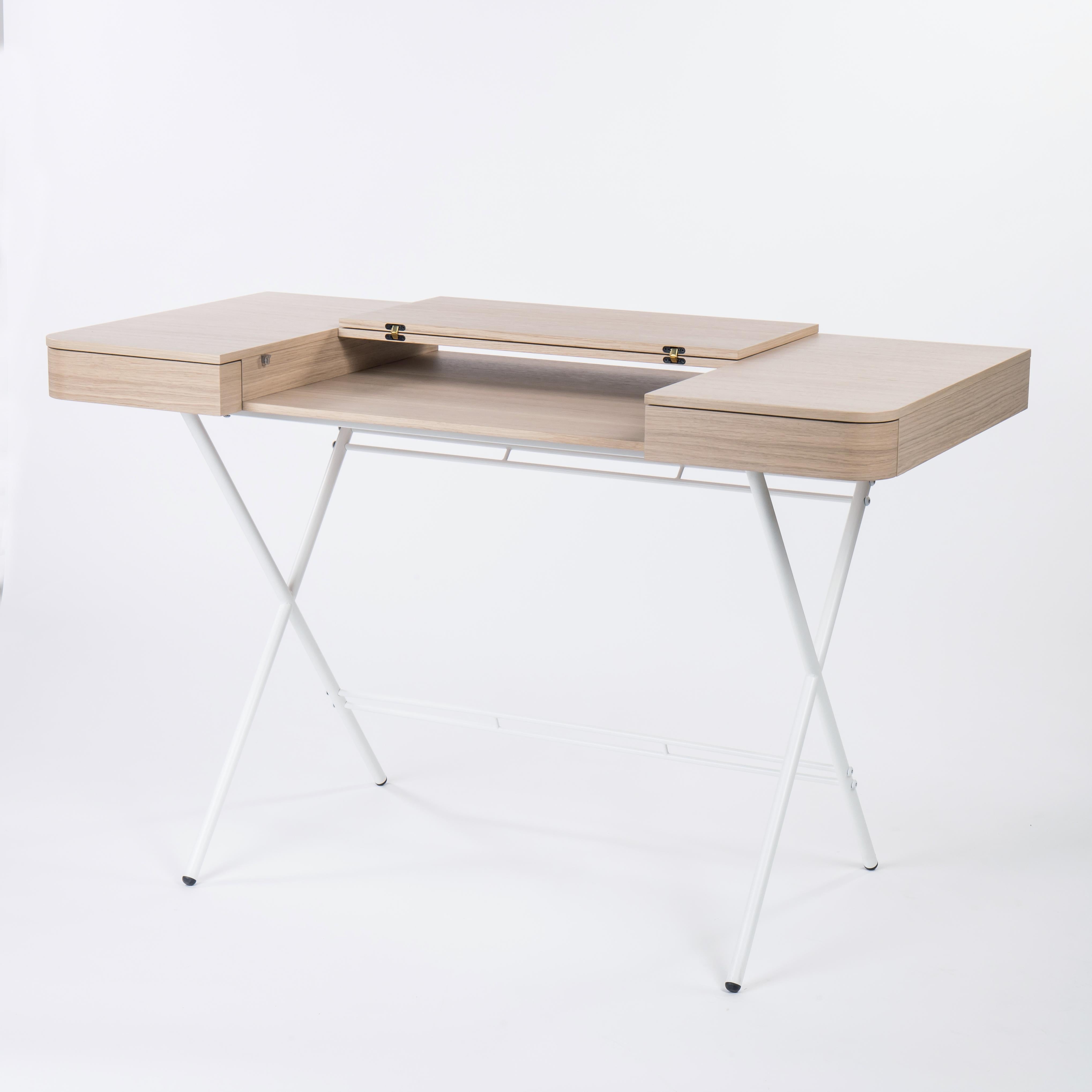 French Adentro Cosimo Desk design Marco Zanuso jr Natural oak veneer & white base.  For Sale