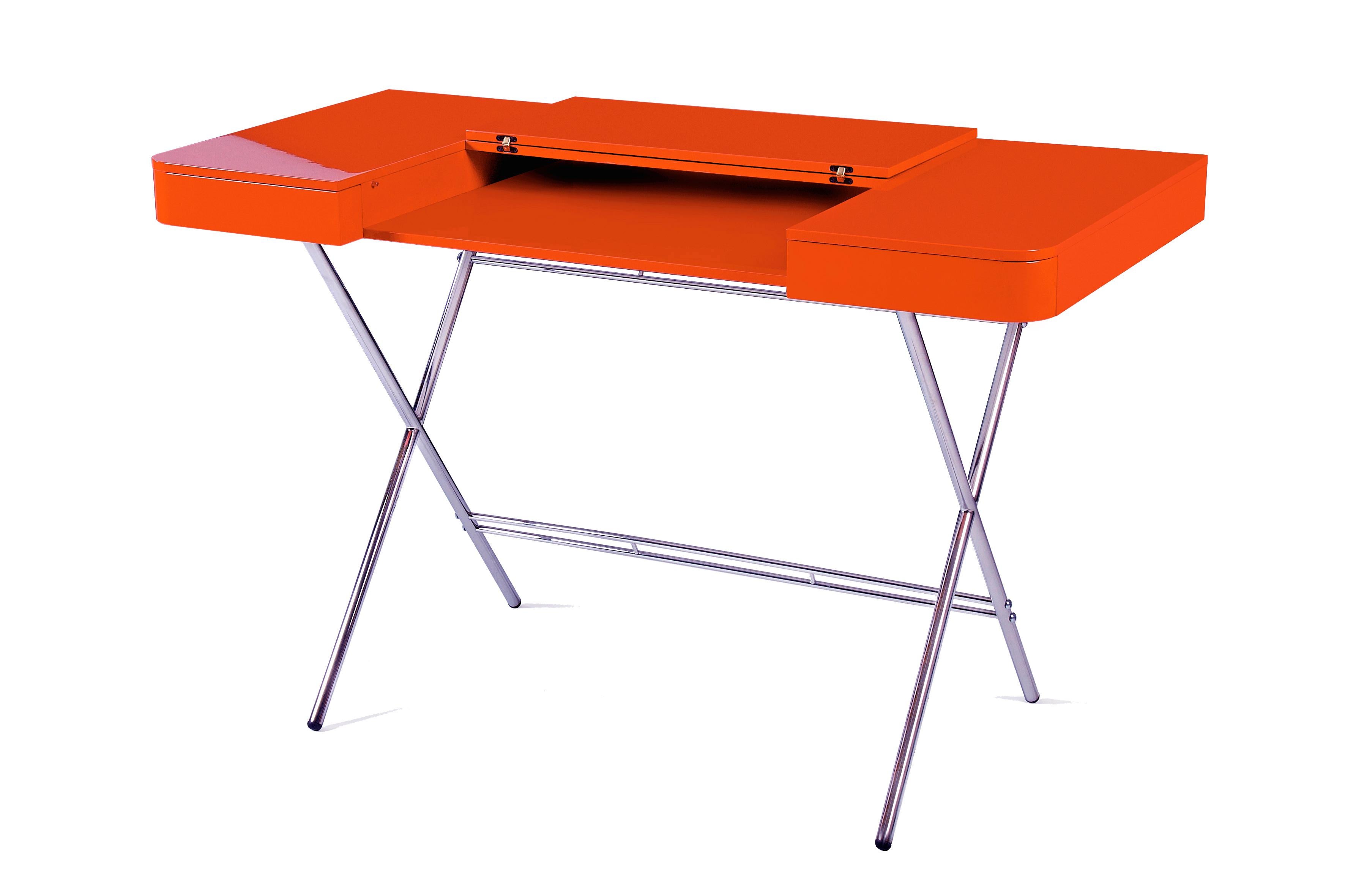 Adentro Cosimo Desk design Marco Zanuso jr Orange glossy top & chrome base.  For Sale 2