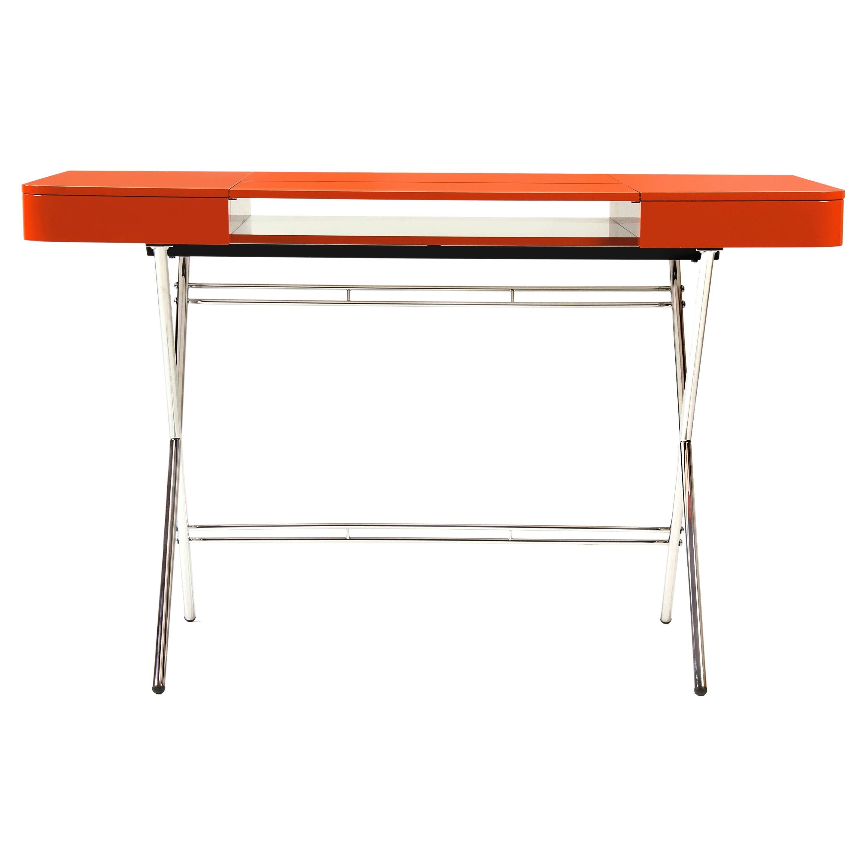 Adentro Cosimo Desk design Marco Zanuso jr Orange glossy top & chrome base.  For Sale
