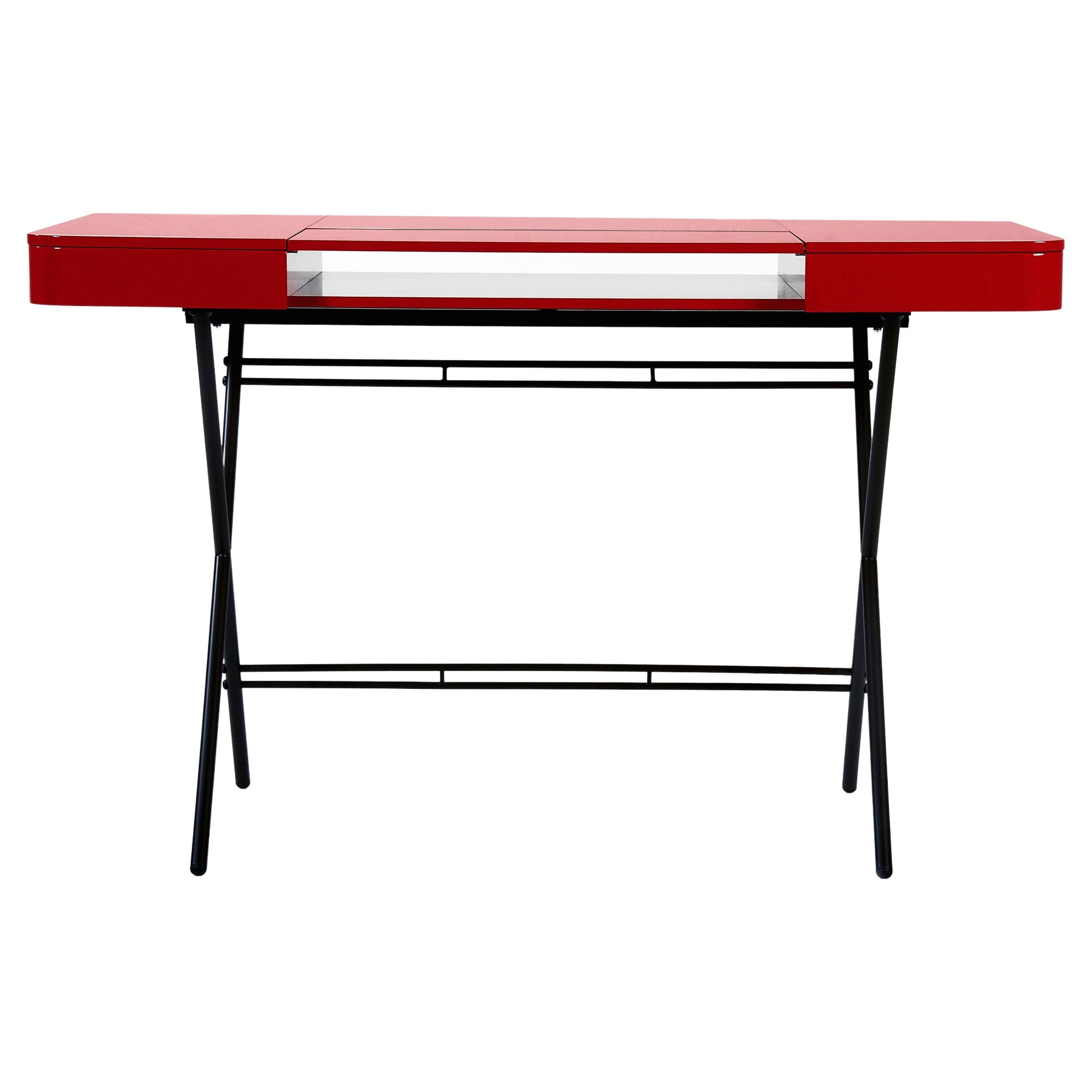 Adentro Cosimo Desk design Marco Zanuso jr Red glossy top & bronze base.  For Sale