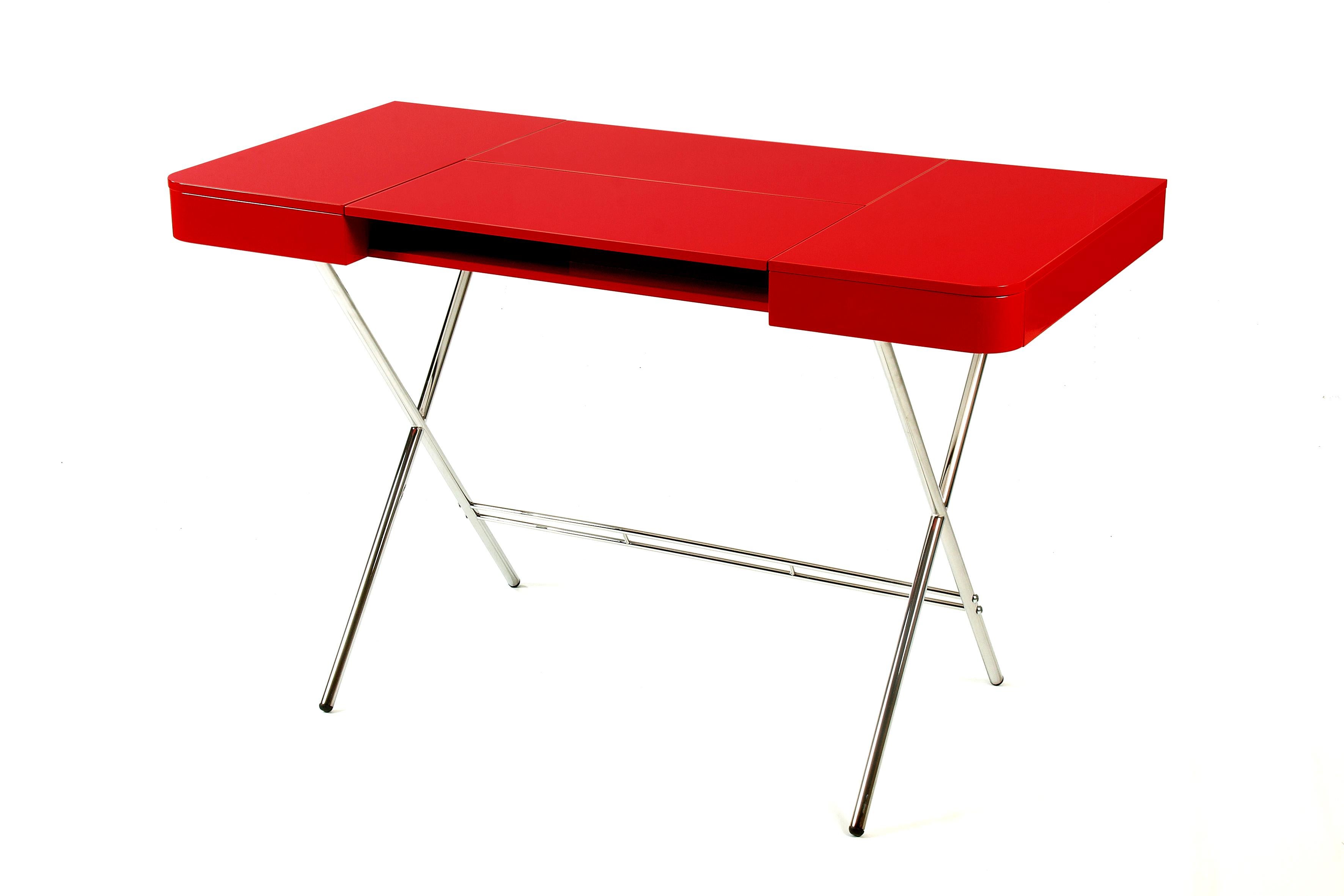 Adentro Cosimo Desk design Marco Zanuso jr Red glossy top & chrome base.  For Sale 6