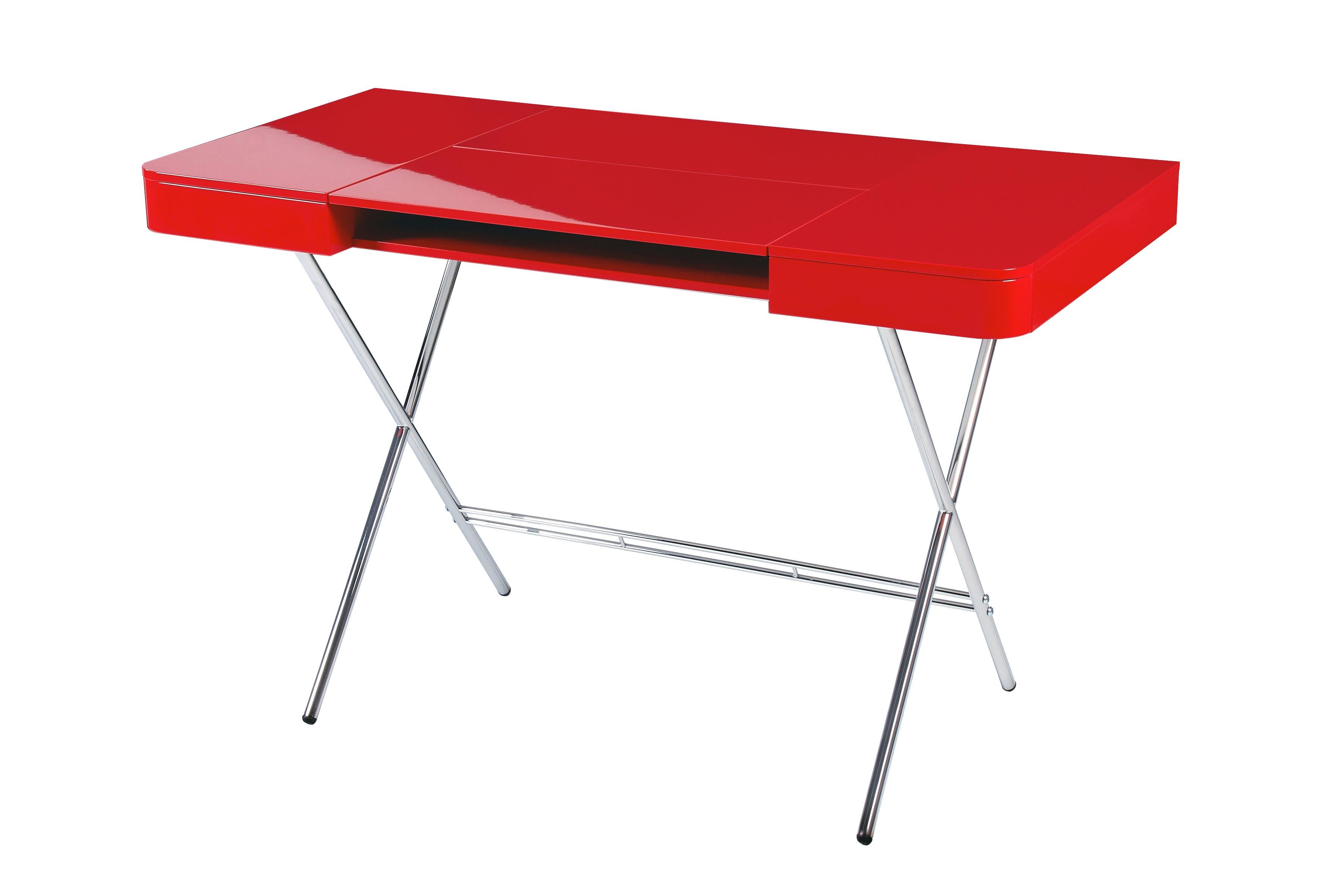 French Adentro Cosimo Desk design Marco Zanuso jr Red glossy top & chrome base.  For Sale