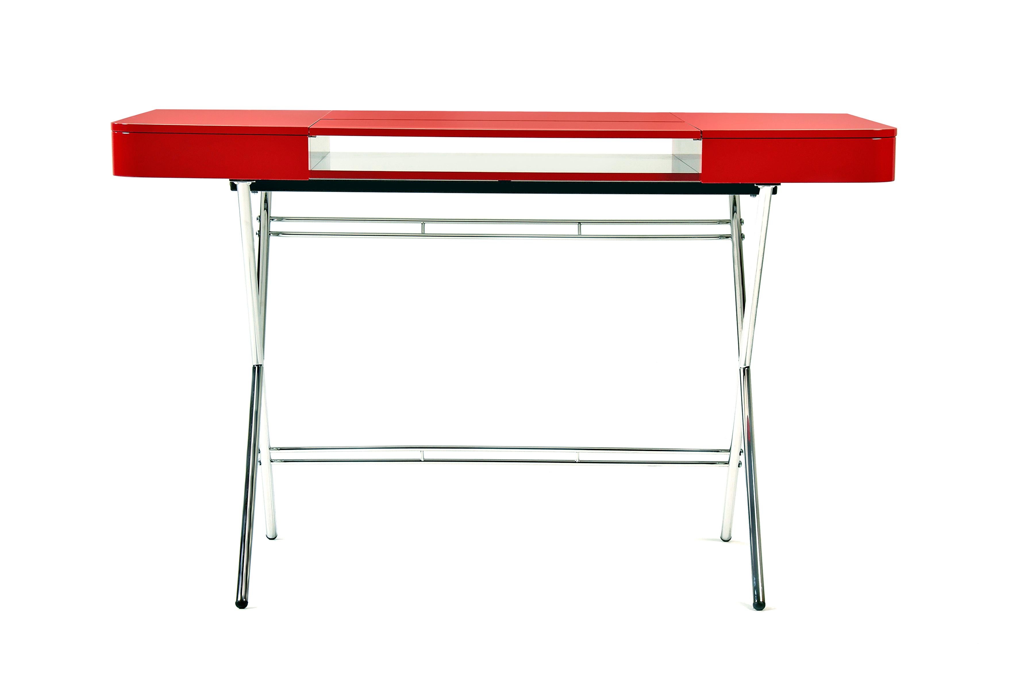 Adentro Cosimo Desk design Marco Zanuso jr Red glossy top & chrome base.  In New Condition For Sale In PARIS, FR