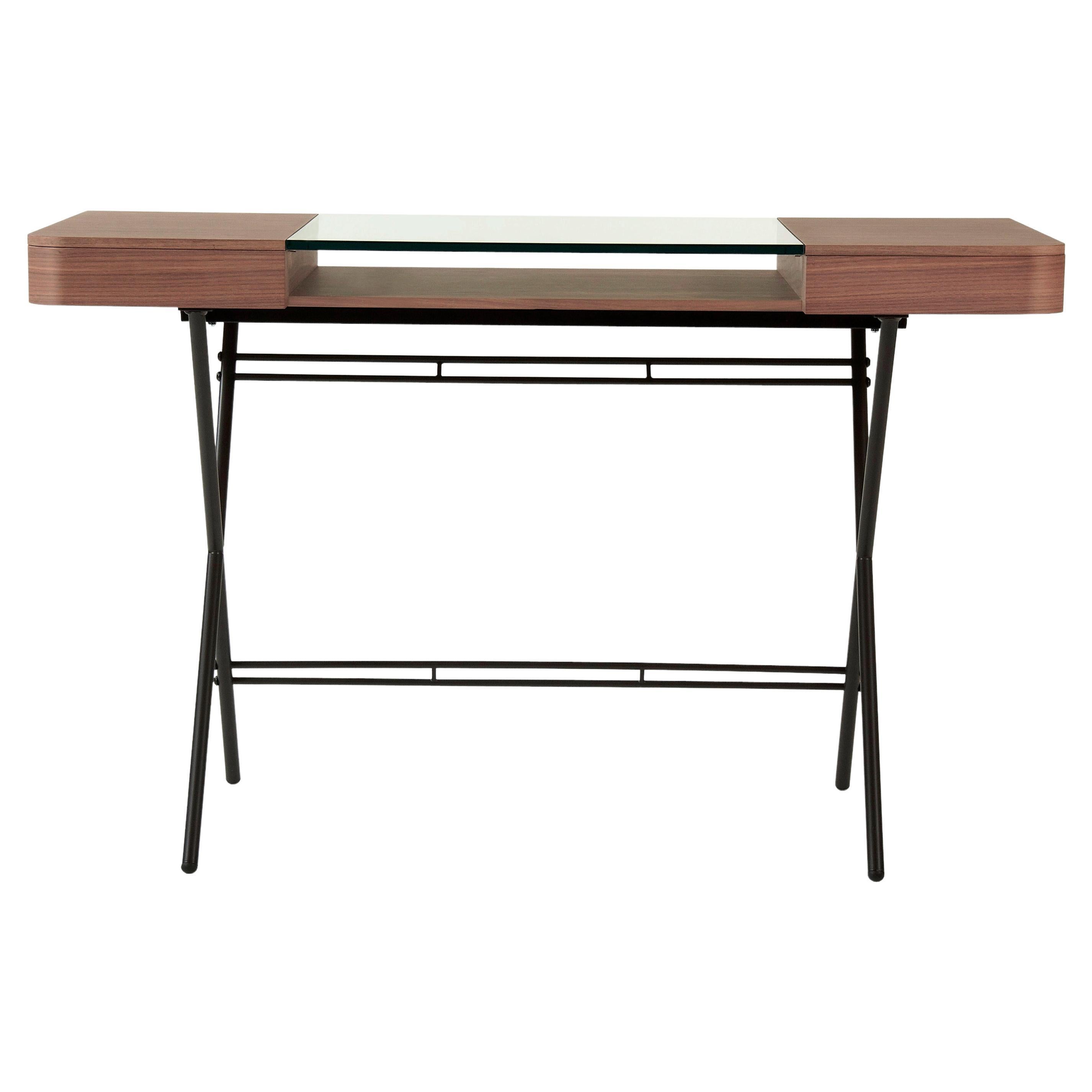 Adentro Cosimo Desk design Marco Zanuso jr  Walnut, glass & bronze base.  For Sale