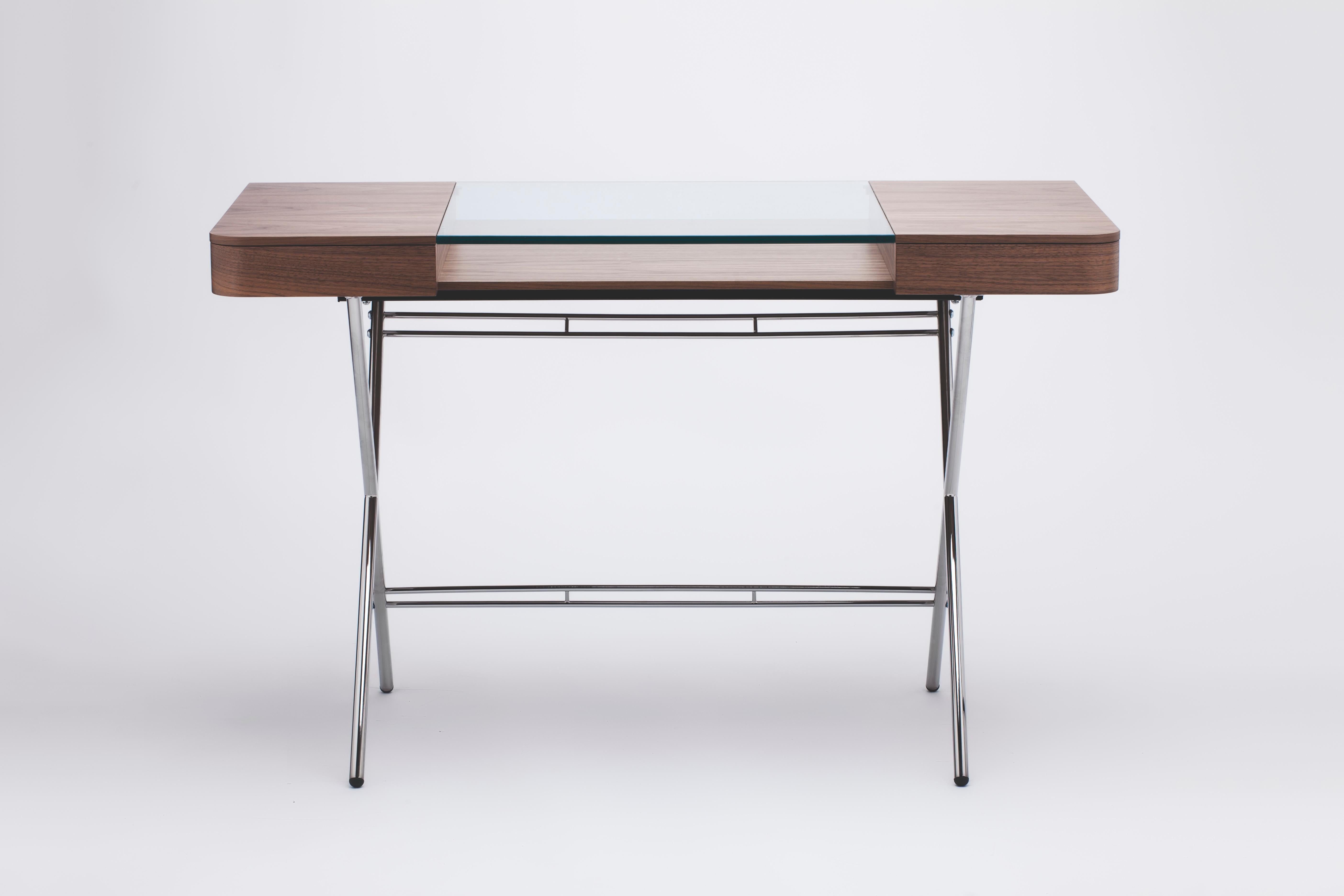Modern Adentro Cosimo Desk design Marco Zanuso jr  walnut, glass & chrome base.  For Sale
