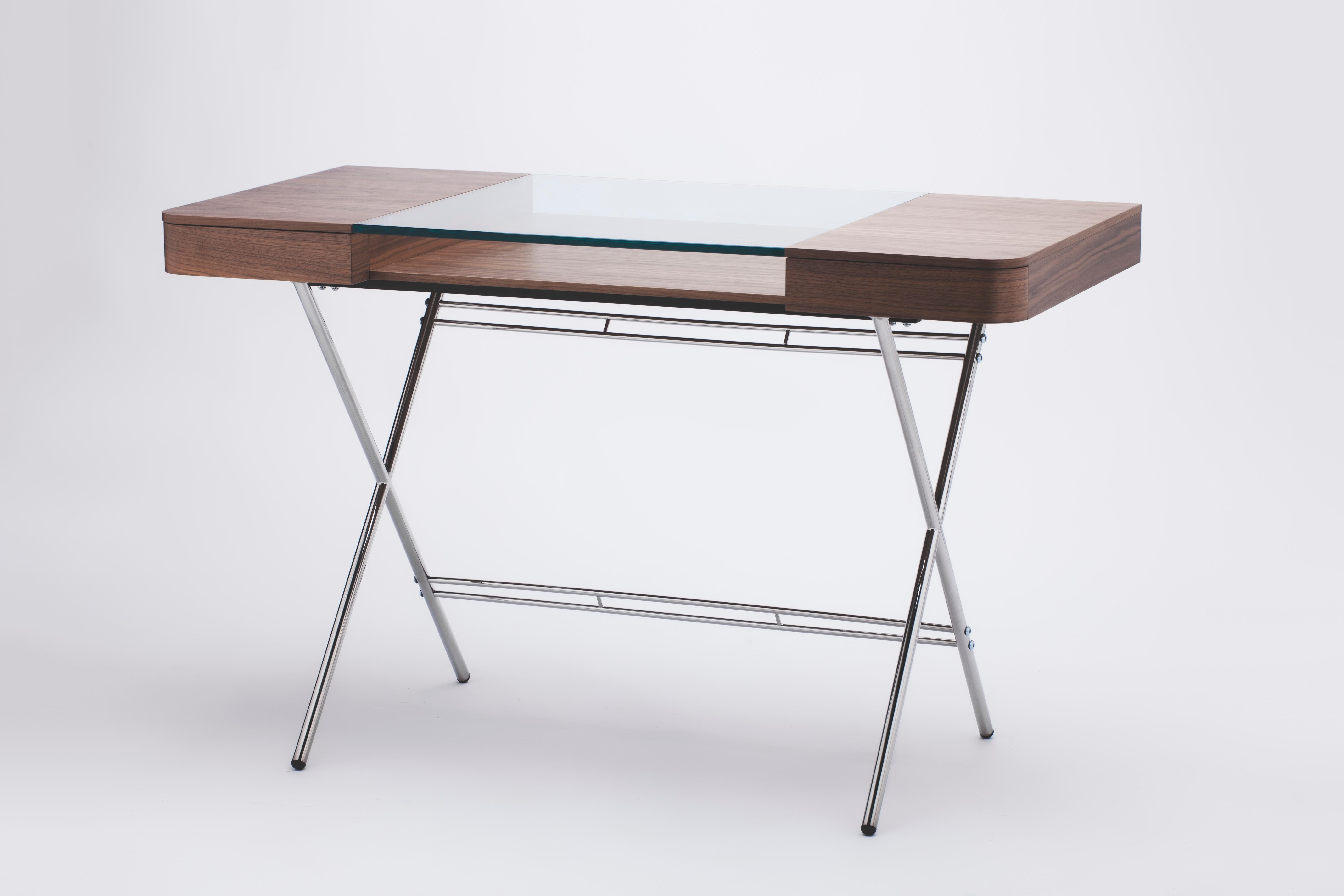 French Adentro Cosimo Desk design Marco Zanuso jr  walnut, glass & chrome base.  For Sale