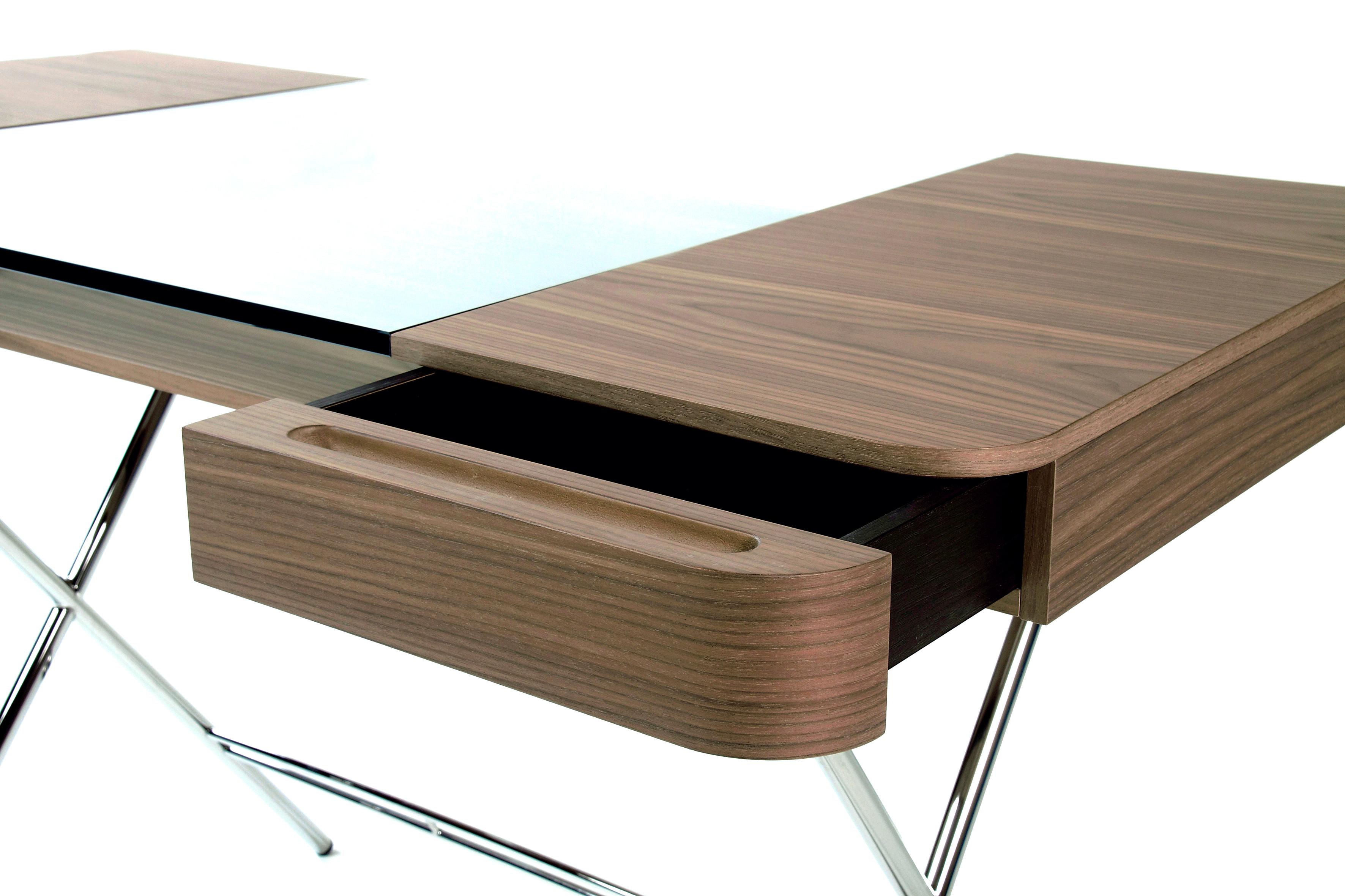 Veneer Adentro Cosimo Desk design Marco Zanuso jr  walnut, glass & chrome base.  For Sale