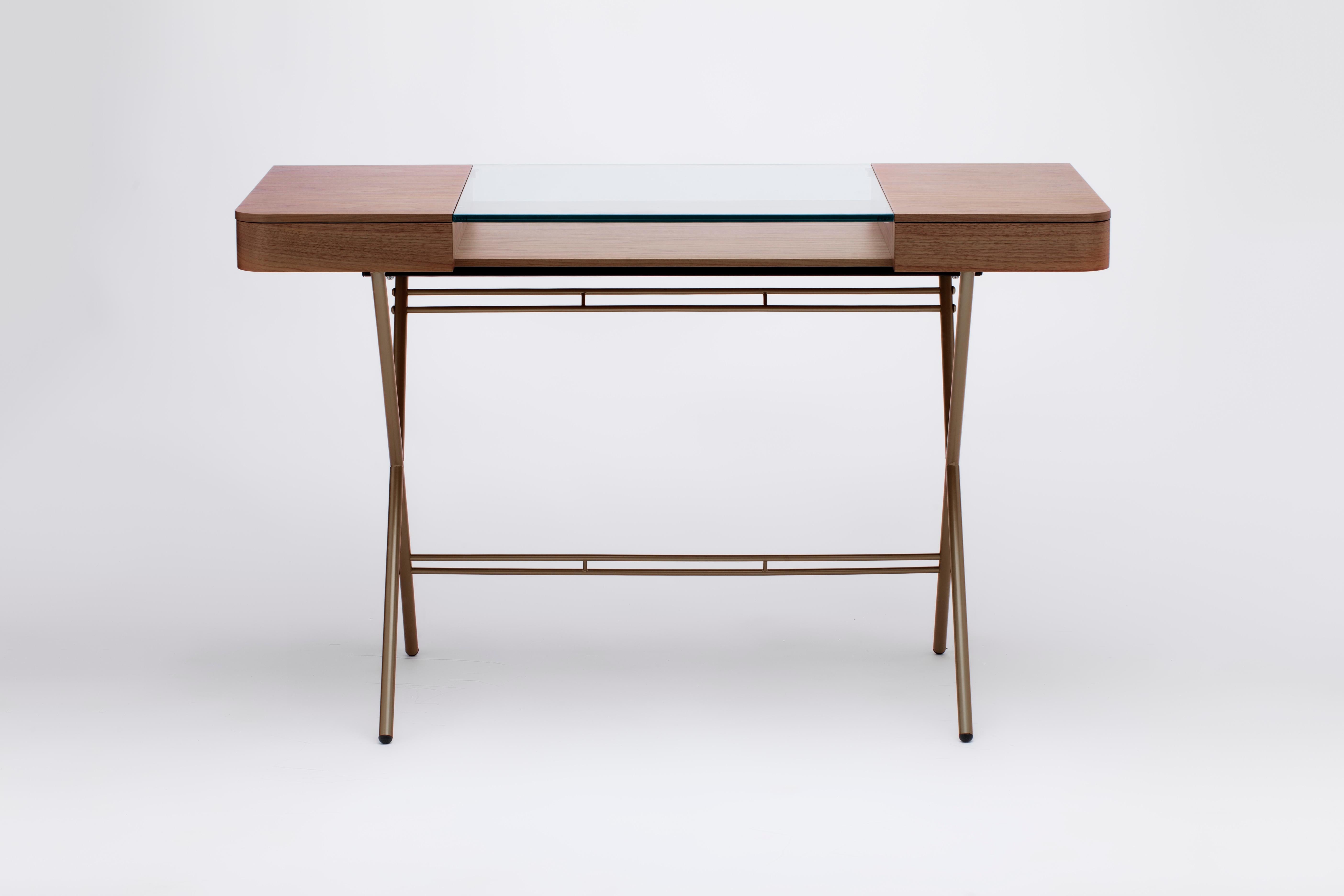 Modern Adentro Cosimo Desk design Marco Zanuso jr  Walnut, glass & golden base.  For Sale