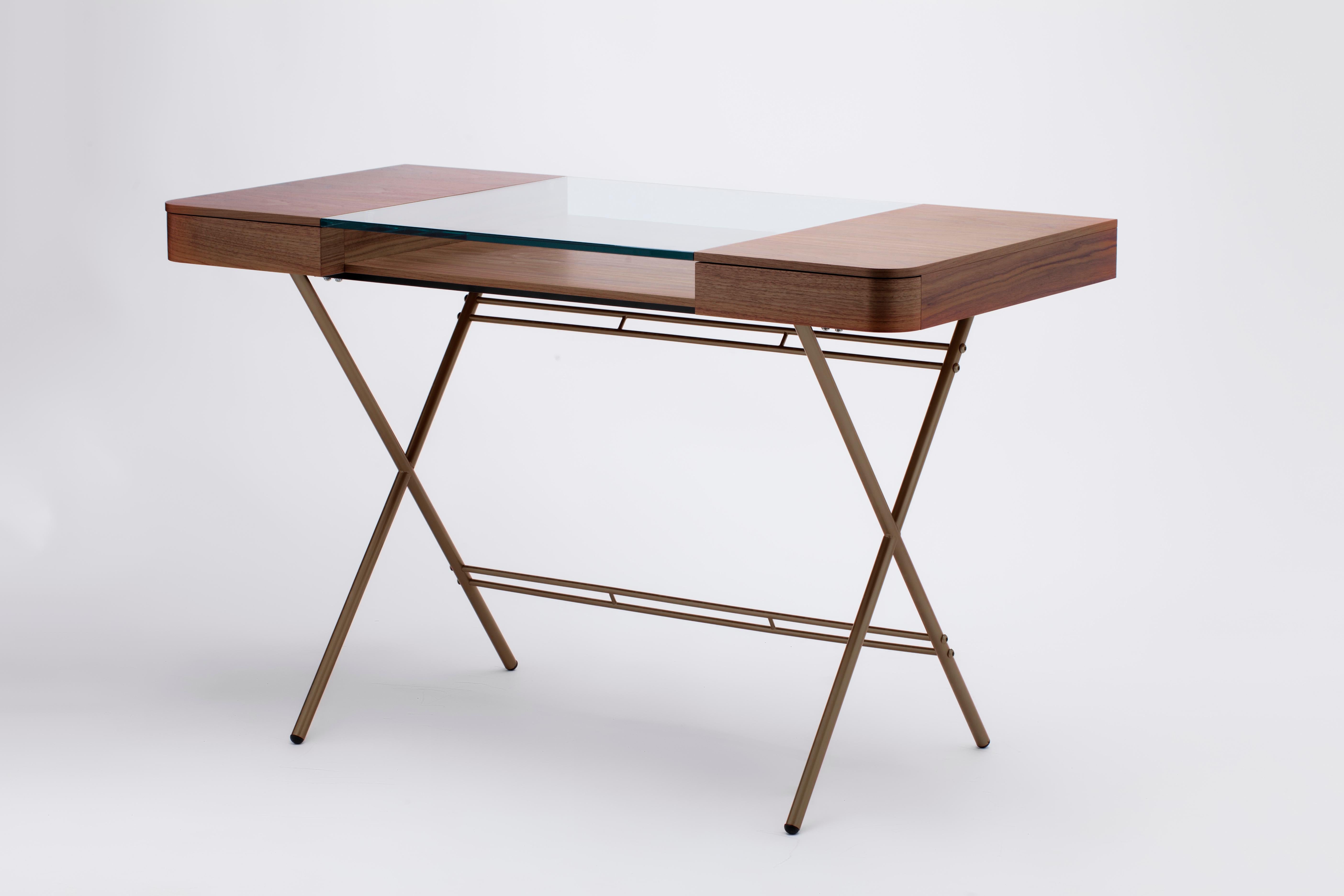 French Adentro Cosimo Desk design Marco Zanuso jr  Walnut, glass & golden base.  For Sale