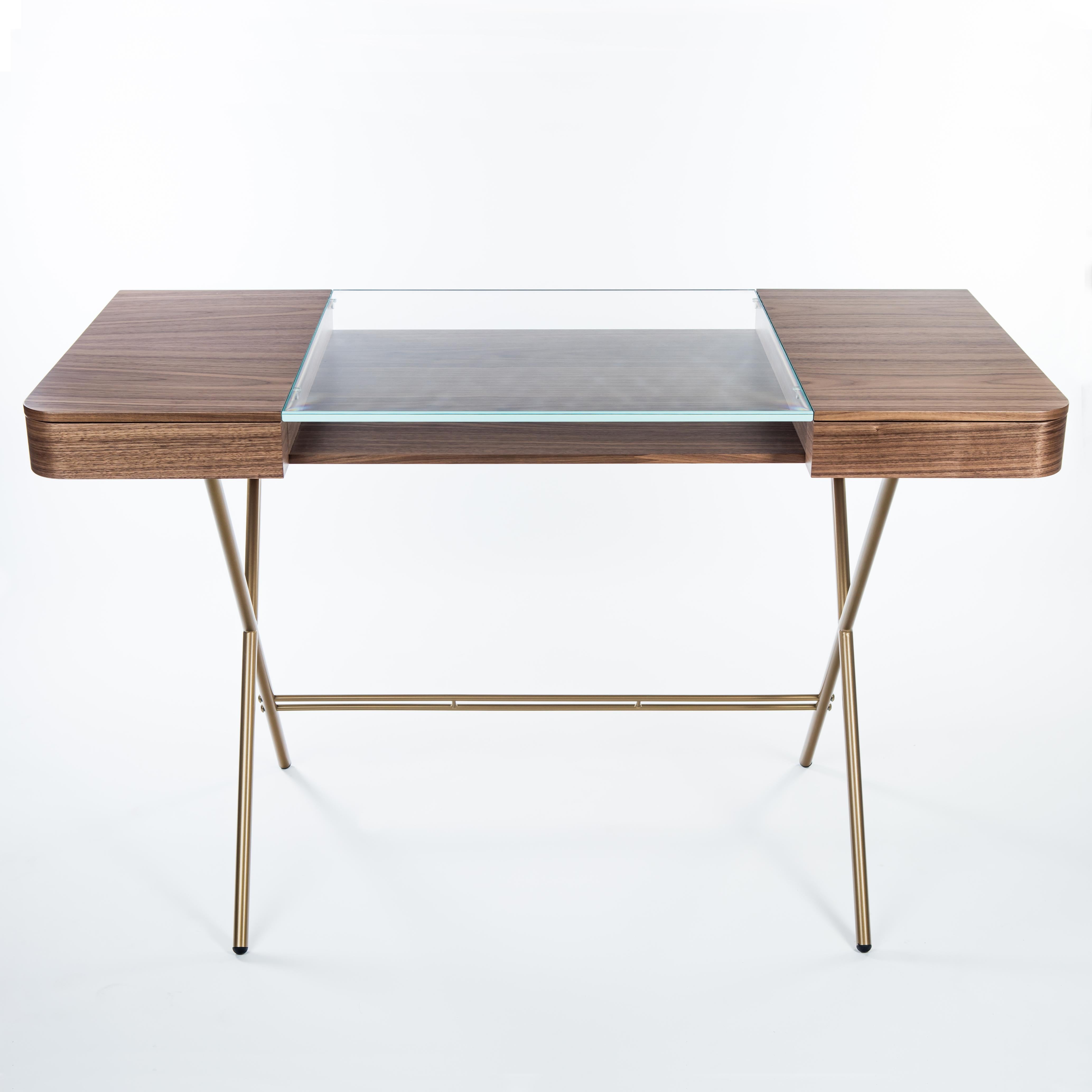 Adentro Cosimo Desk design Marco Zanuso jr  Walnut, glass & golden base.  In New Condition For Sale In PARIS, FR