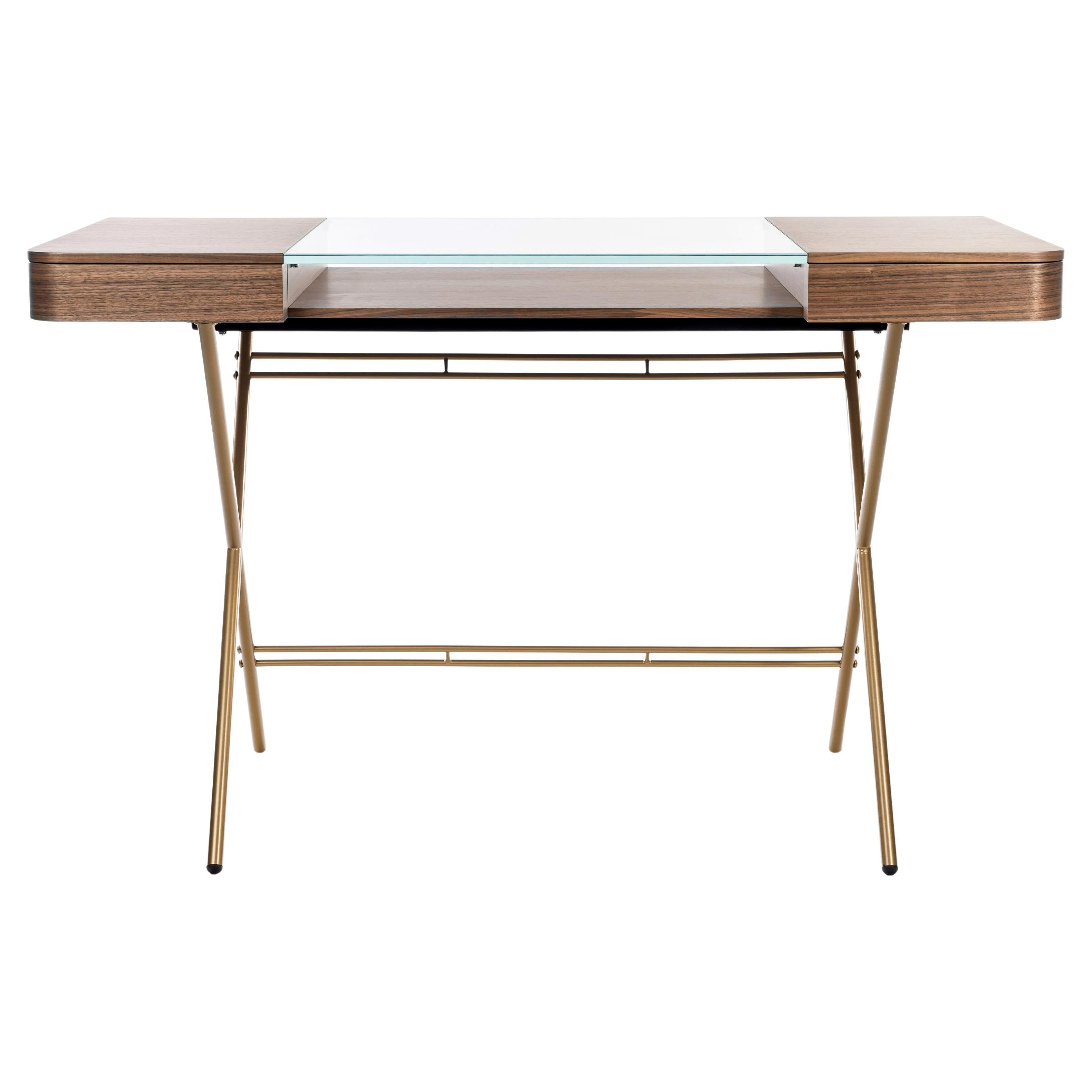 Adentro Cosimo Desk design Marco Zanuso jr  Walnut, glass & golden base.  For Sale