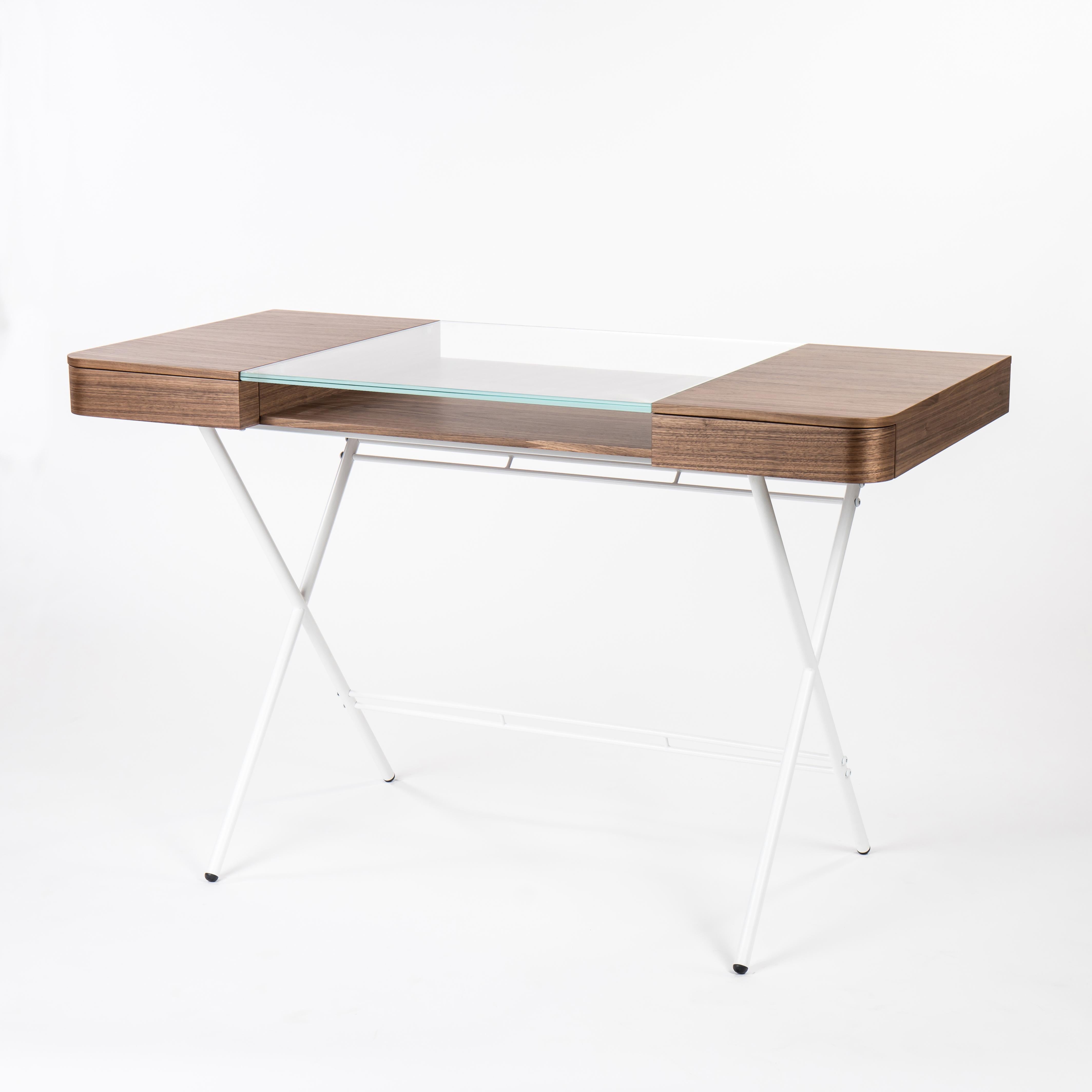 Modern Adentro Cosimo Desk design Marco Zanuso jr  Walnut, glass & white base.  For Sale