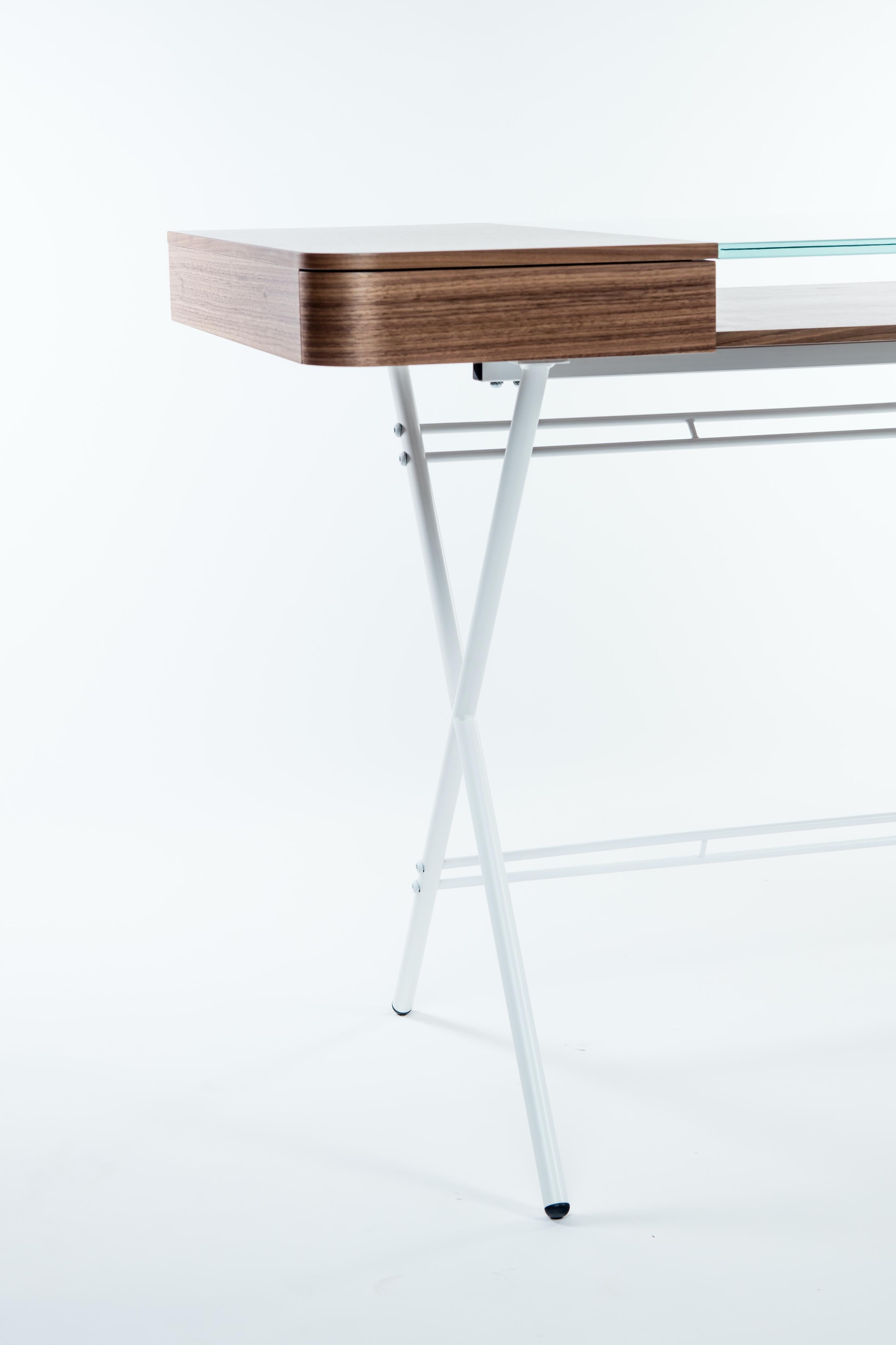 French Adentro Cosimo Desk design Marco Zanuso jr  Walnut, glass & white base.  For Sale