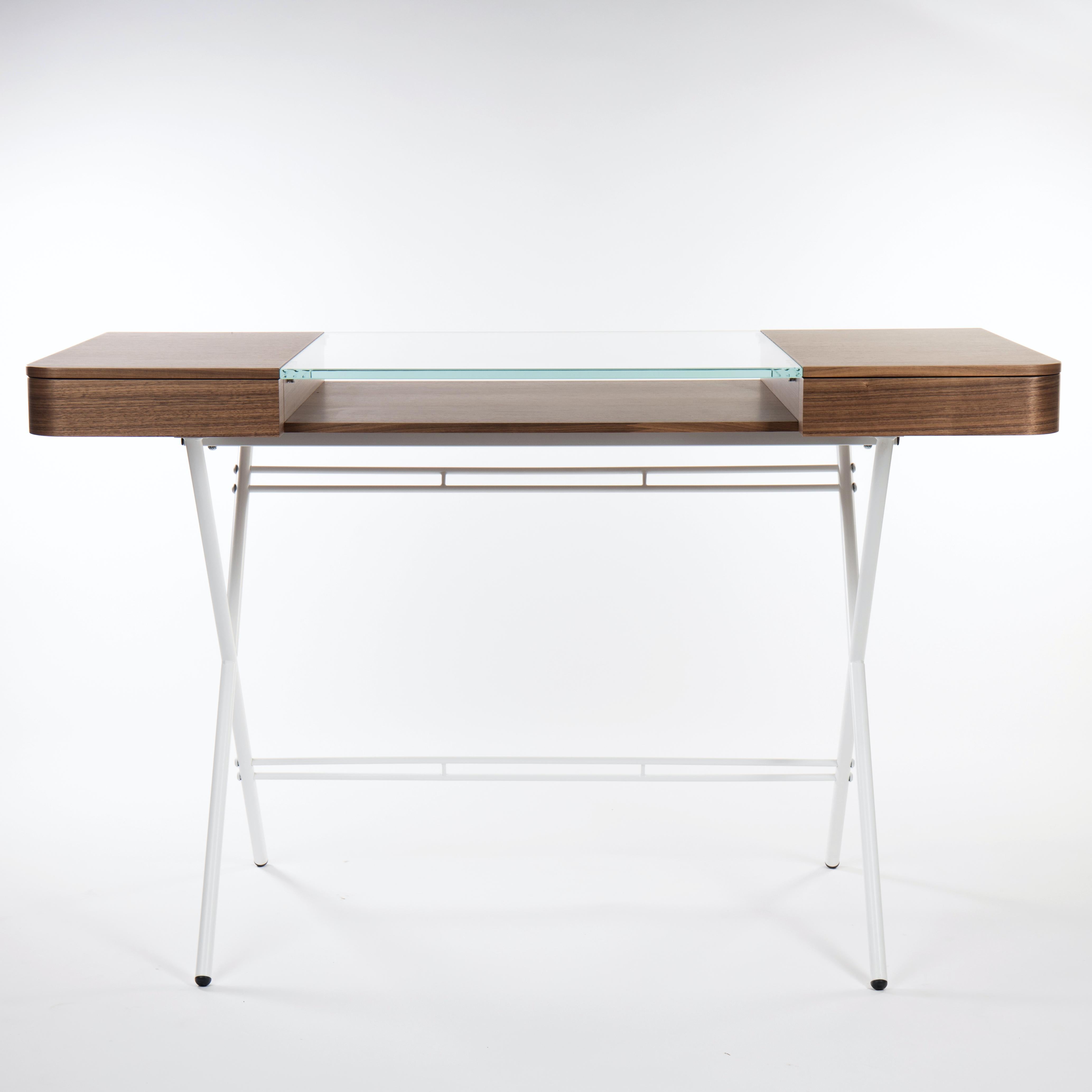 Veneer Adentro Cosimo Desk design Marco Zanuso jr  Walnut, glass & white base.  For Sale