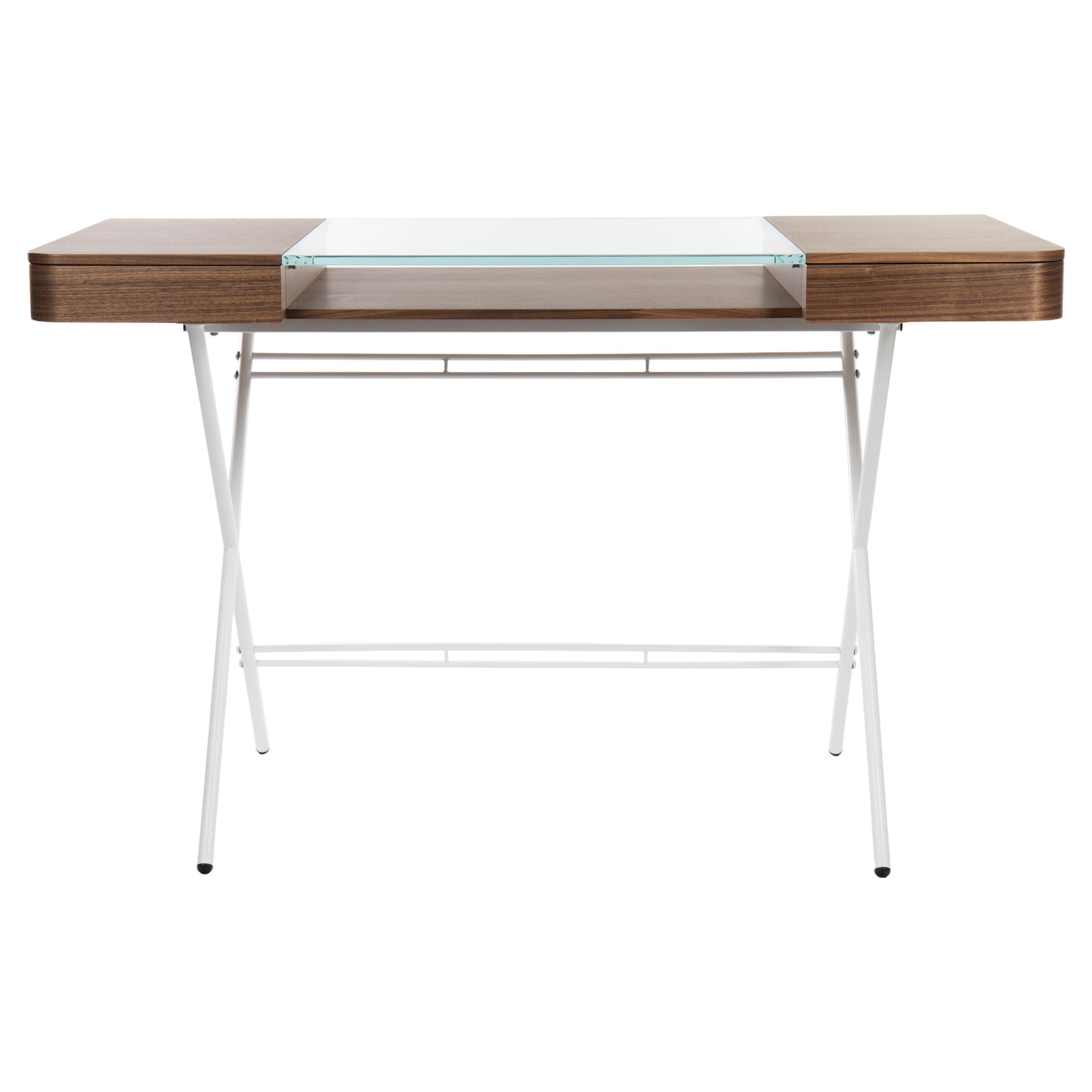 Adentro Cosimo Desk design Marco Zanuso jr  Walnut, glass & white base.  For Sale