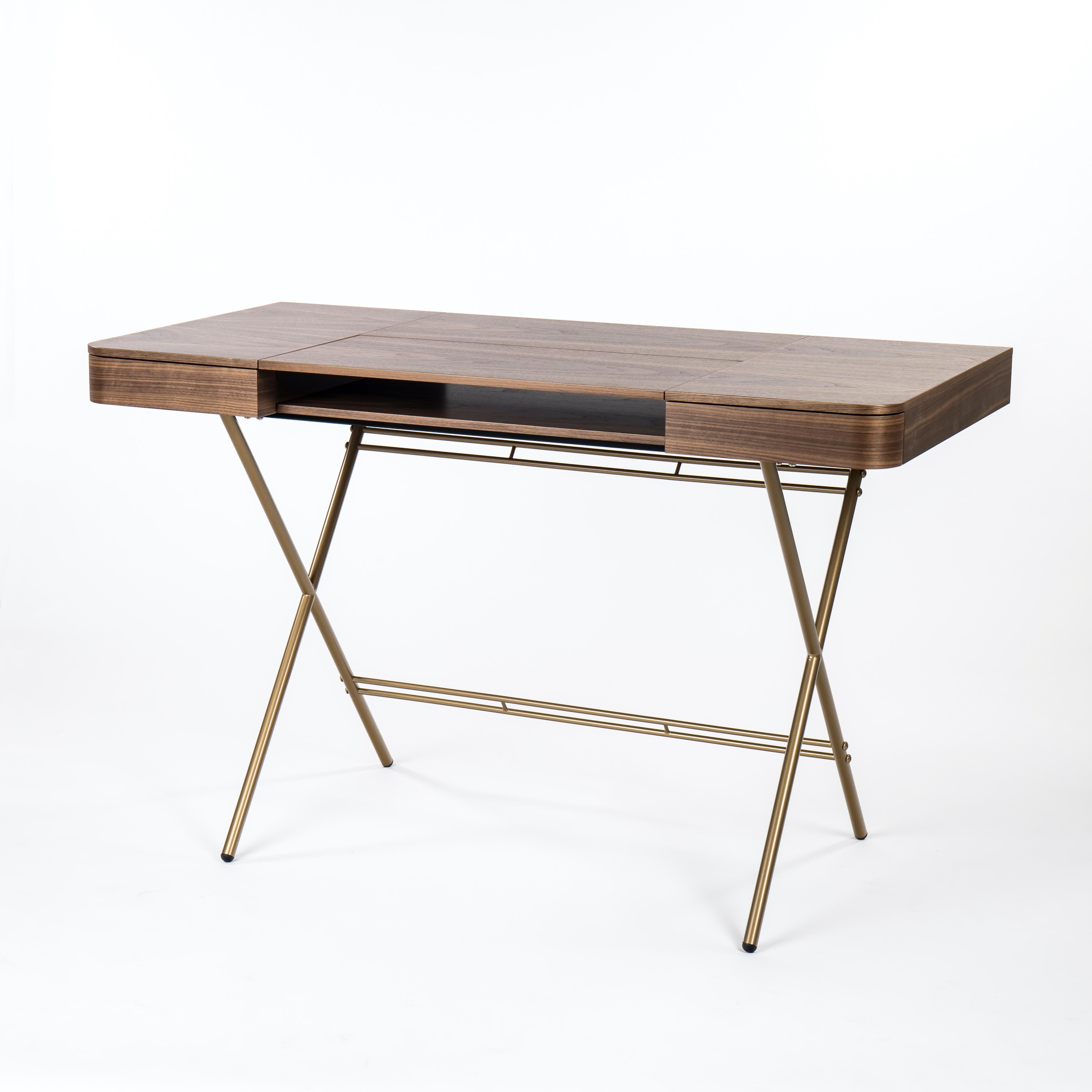 Modern Adentro Cosimo Desk design Marco Zanuso jr Walnut veneer & golden base.  For Sale