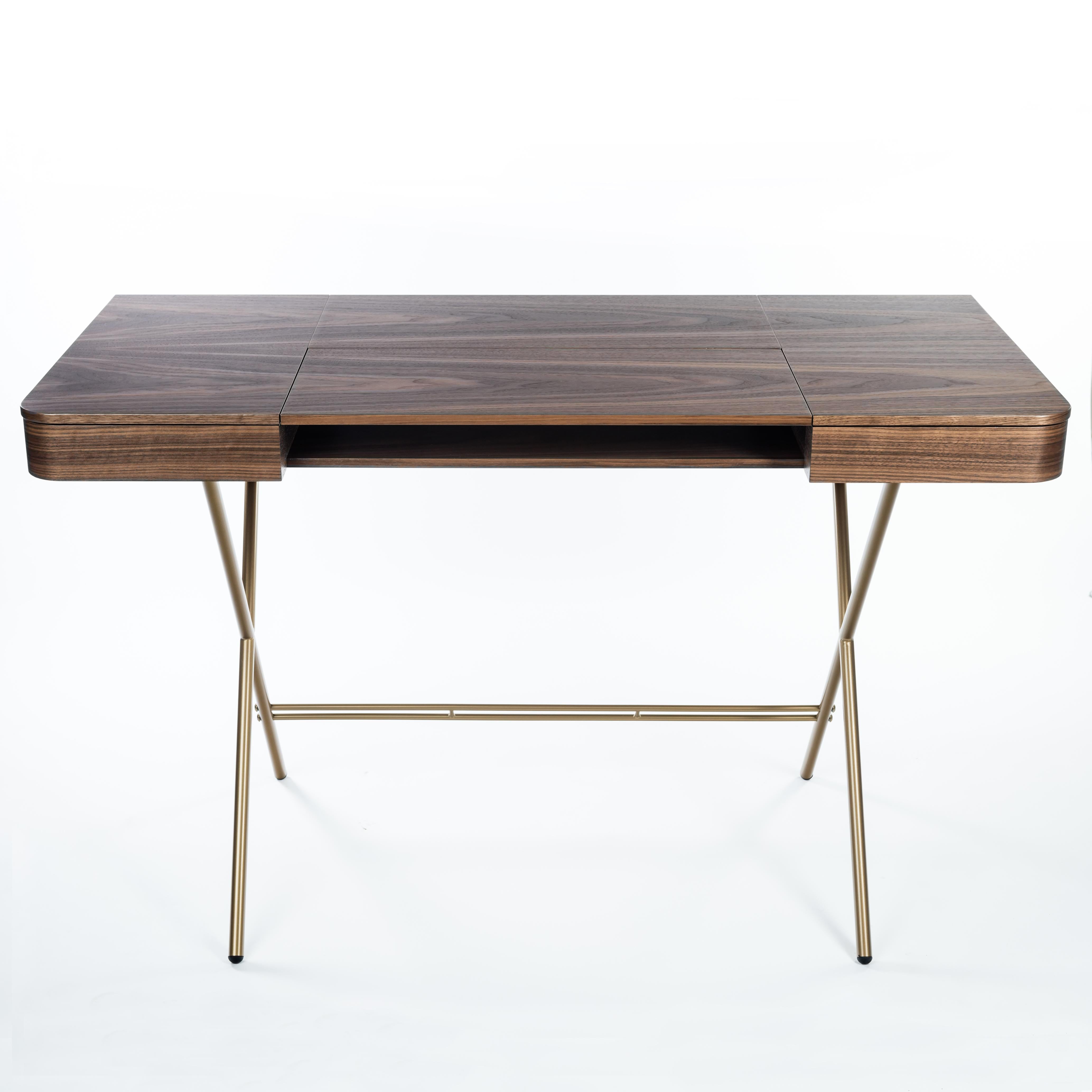 French Adentro Cosimo Desk design Marco Zanuso jr Walnut veneer & golden base.  For Sale