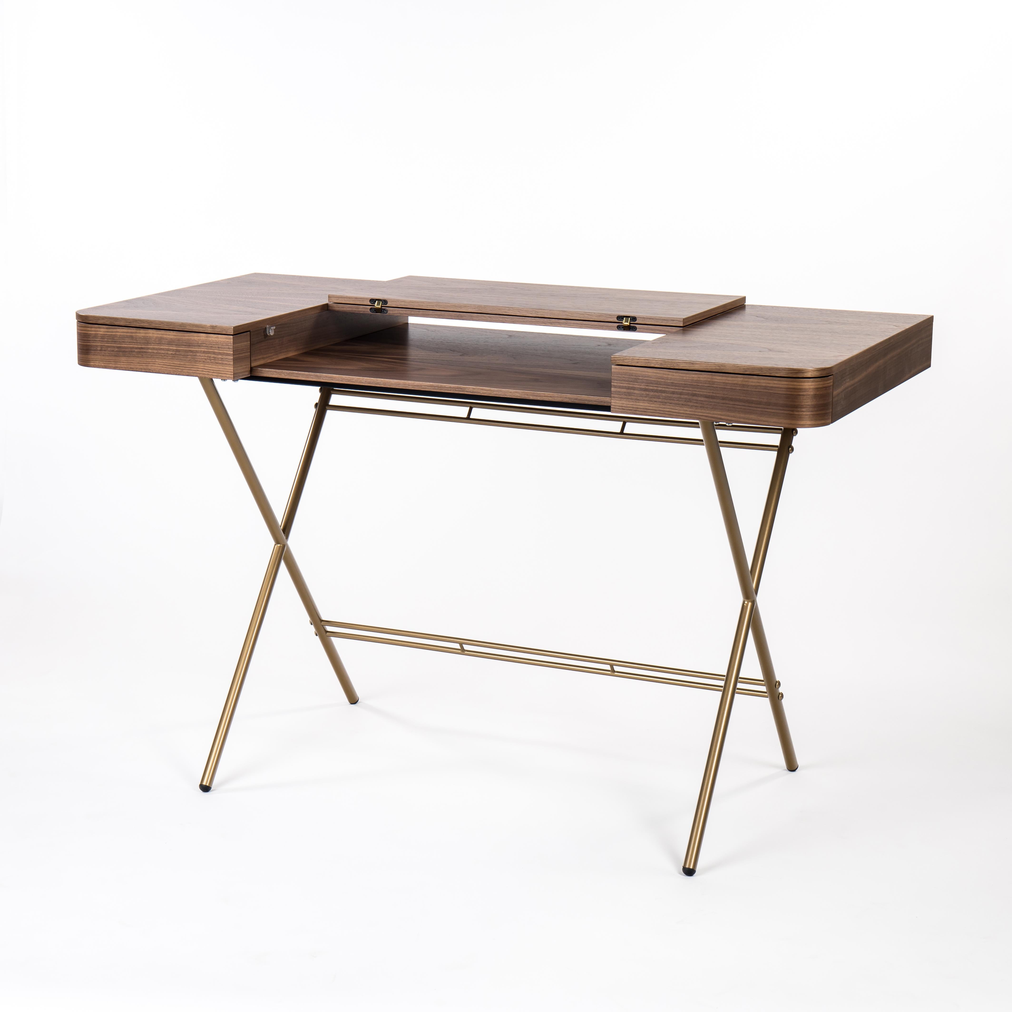Veneer Adentro Cosimo Desk design Marco Zanuso jr Walnut veneer & golden base.  For Sale