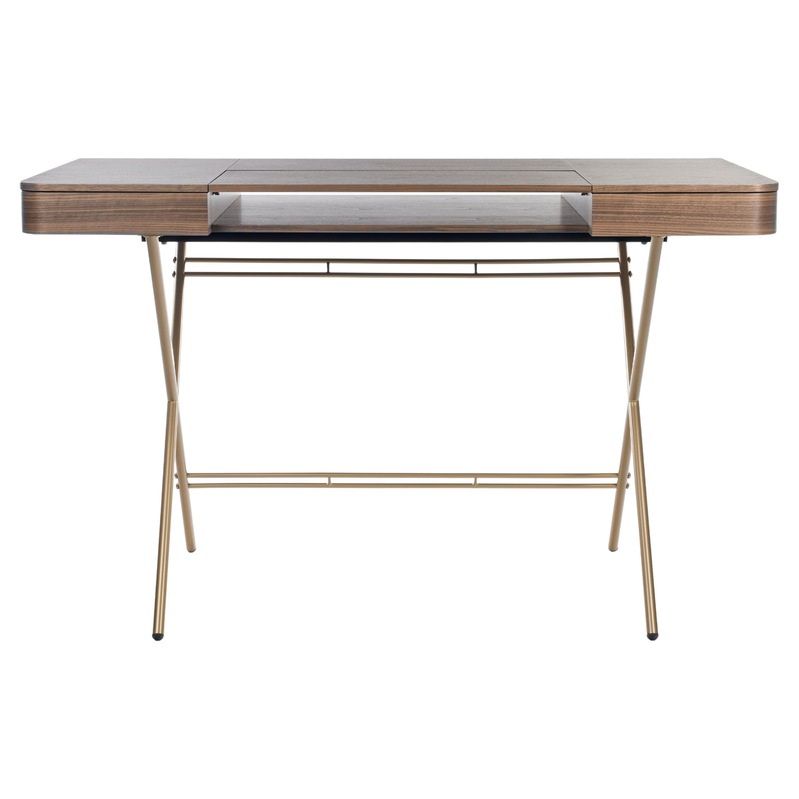 Adentro Cosimo Desk design Marco Zanuso jr Walnut veneer & golden base.  For Sale